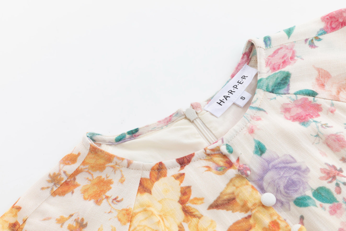 Beige Linen Dress With Mutli Colored Floral Print