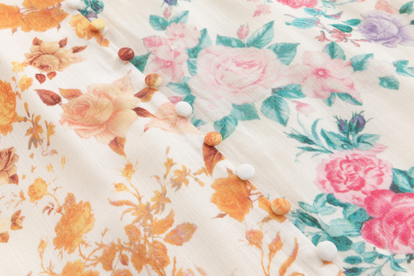 Beige Linen Dress With Mutli Colored Floral Print