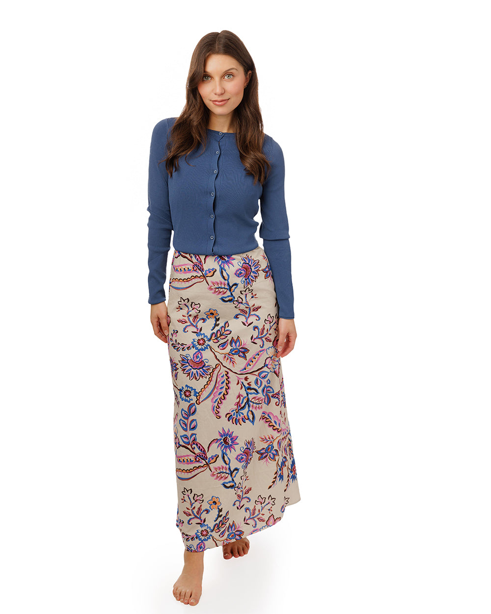 Floral Printed Linen Jumper With Blue Knit Overlay Cardigan