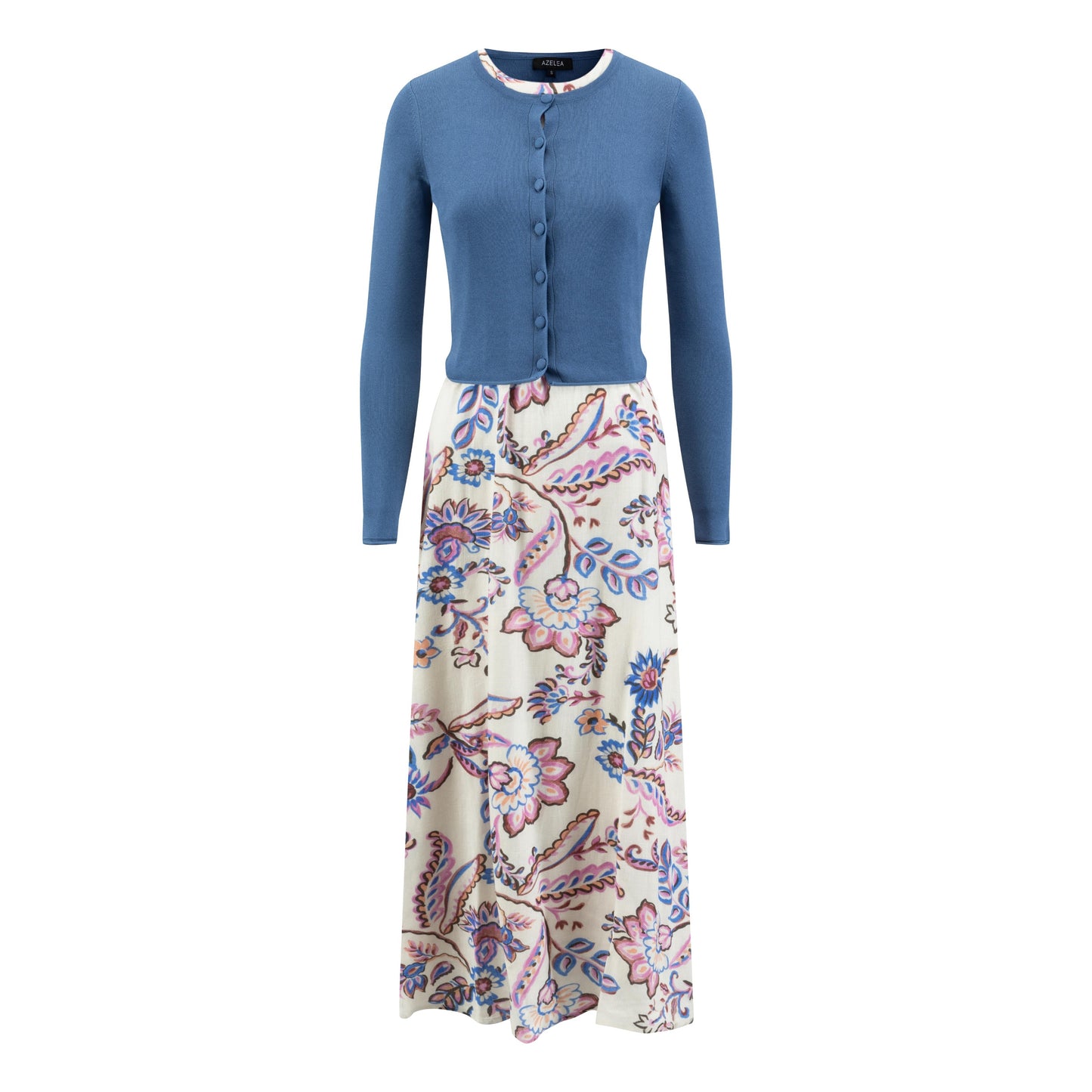 Floral Printed Linen Jumper With Blue Knit Overlay Cardigan
