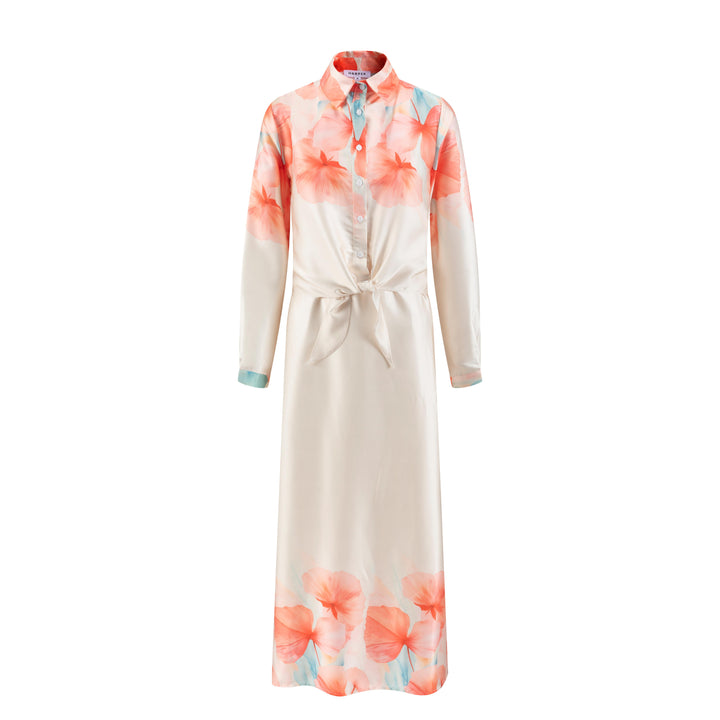 Beige Overlay Dress With Orange Print