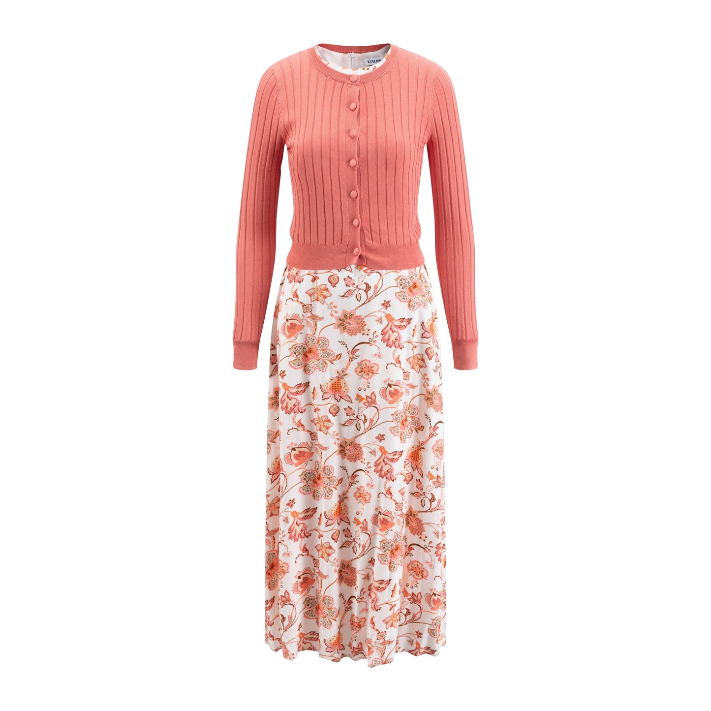Coral Floral Printed Dress With Coral Knit Overlay