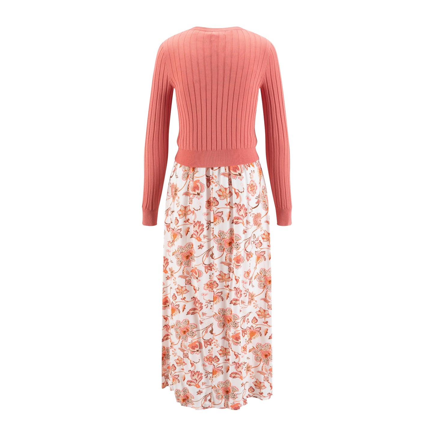 Coral Floral Printed Dress With Coral Knit Overlay