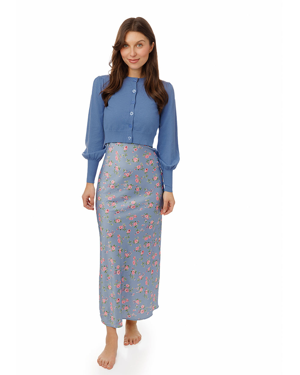 Blue Dress With Blue Knit Cardigan Overlay The Runway Company Blue Dress With Blue Knit Cardigan Overlay The Runway Company