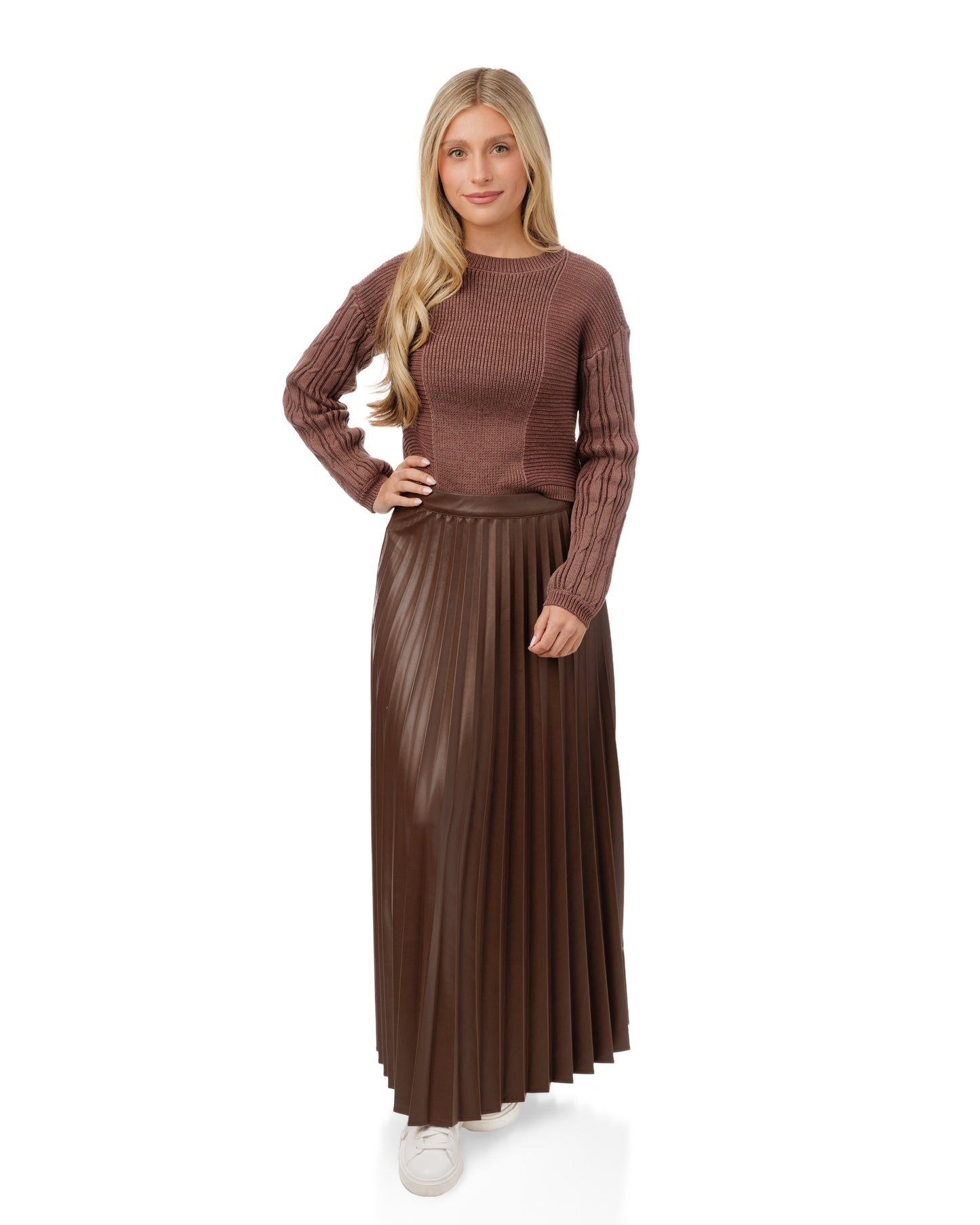 Pleated Leather Skirt - Brown
