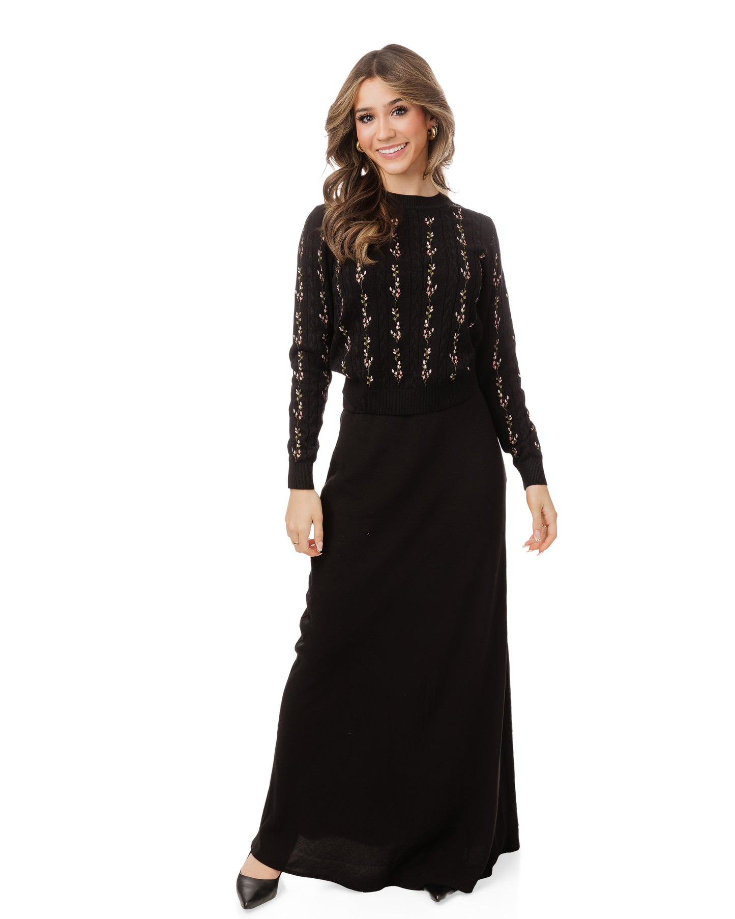 Floral Panelled Embroidered Knit Top - Black