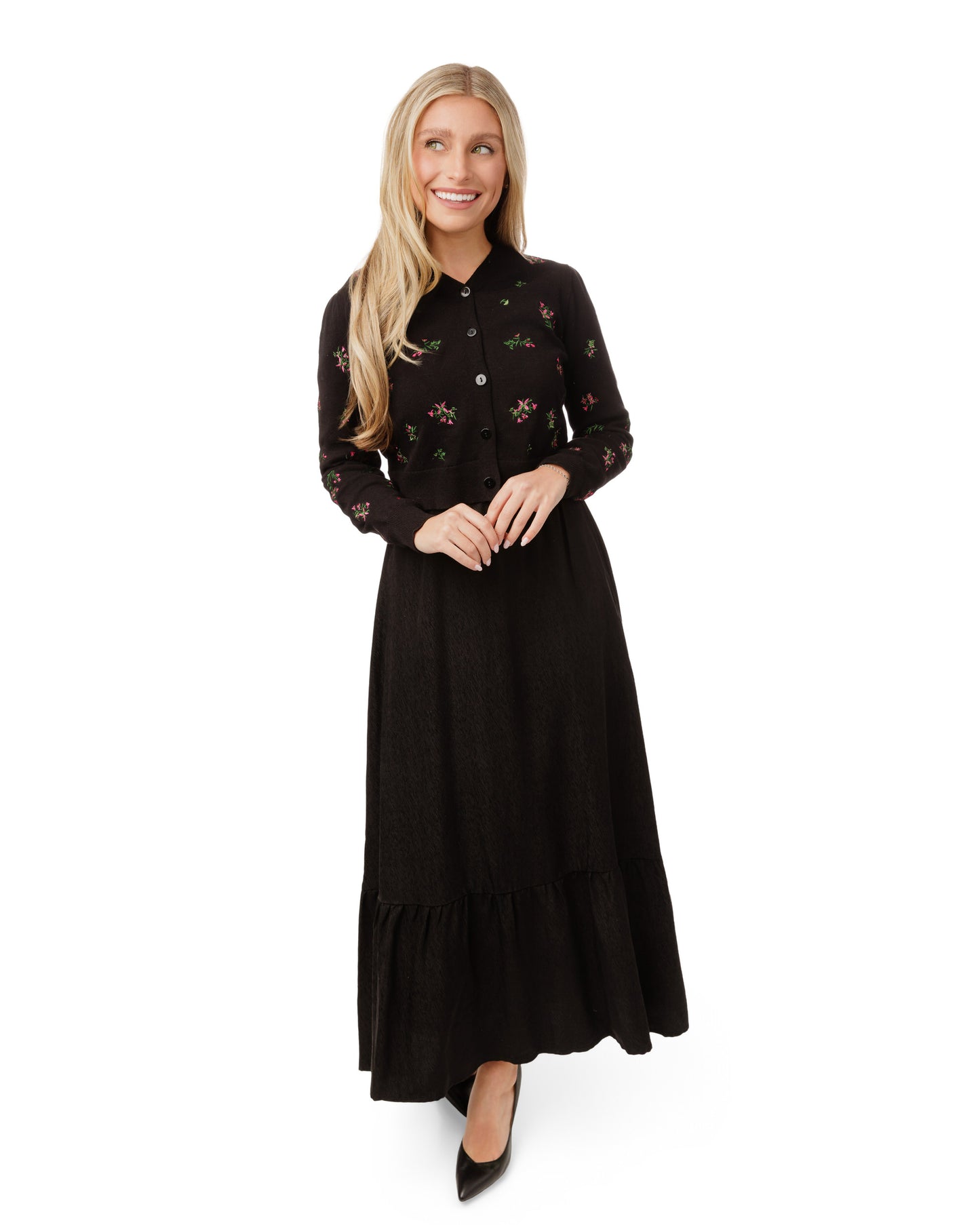 Pink Flower Embroidered Black Cardigan With Textured Satin Underlay
