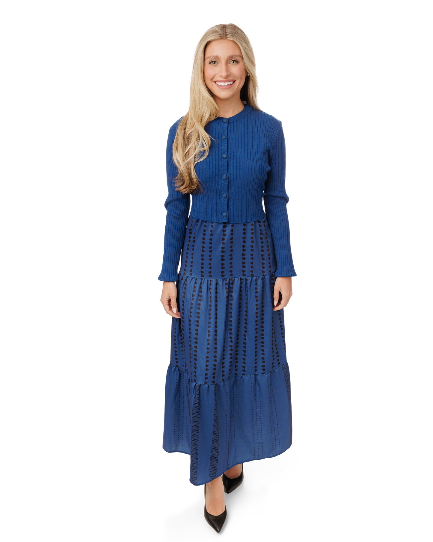 Blue And Black Printed Jumper With Blue Knit Cardigan