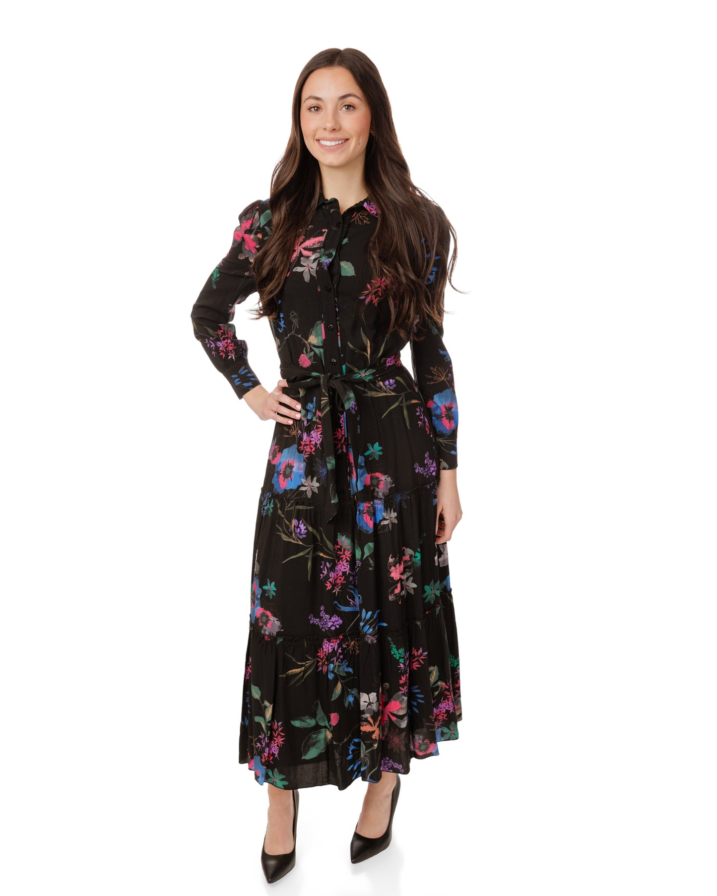 Black Base With Floral Printed Wool Dress