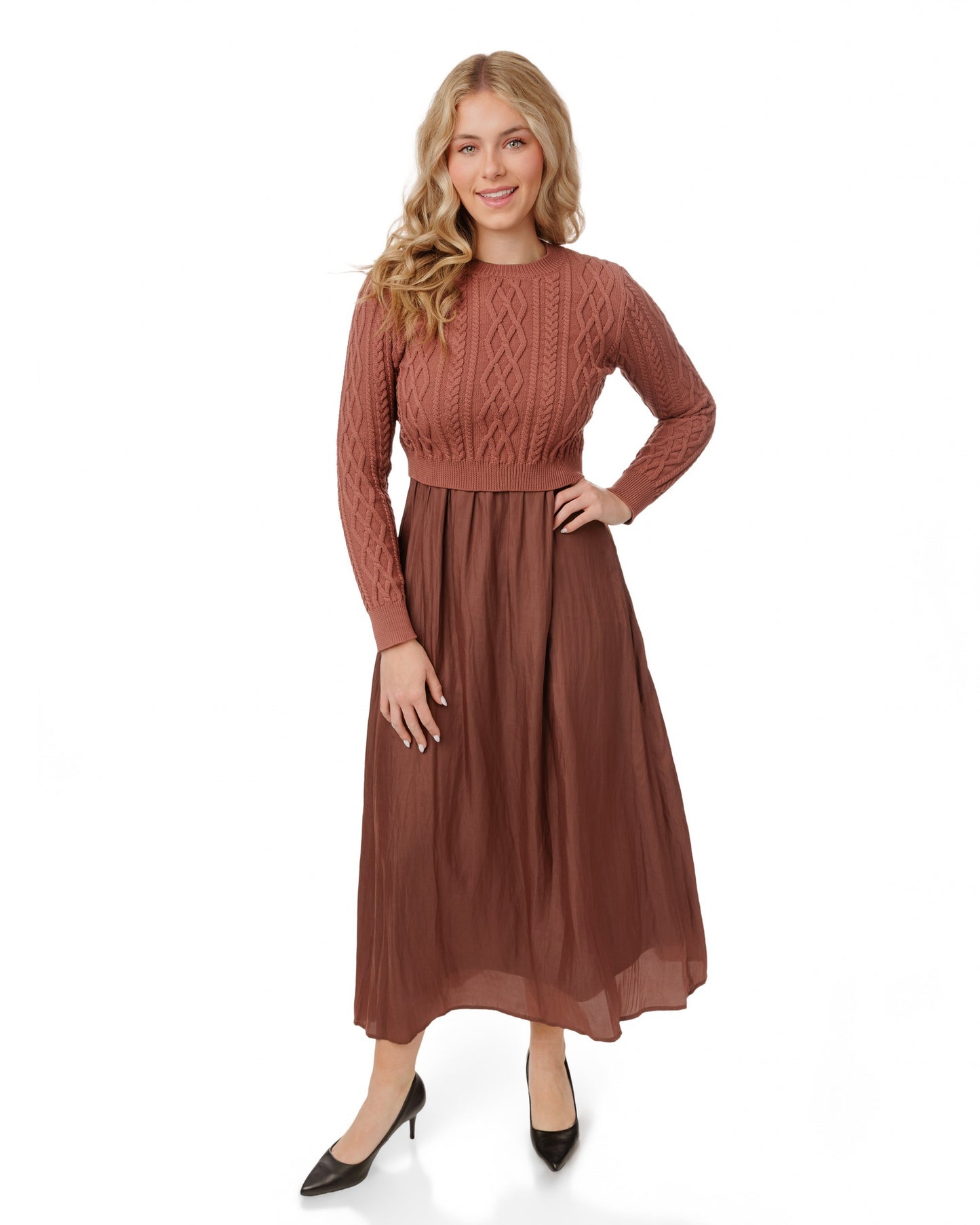 Mauve Cable Knit Sweater With Satin Underlay
