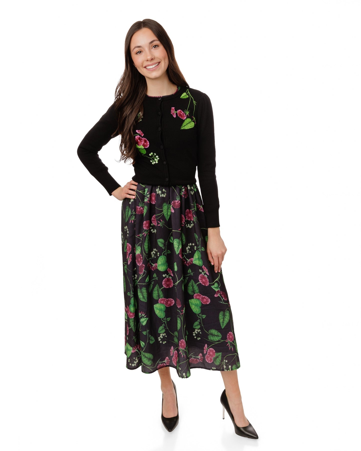 Purple And Green Printed Dress With Knit Embroidered Cardigan Overlay