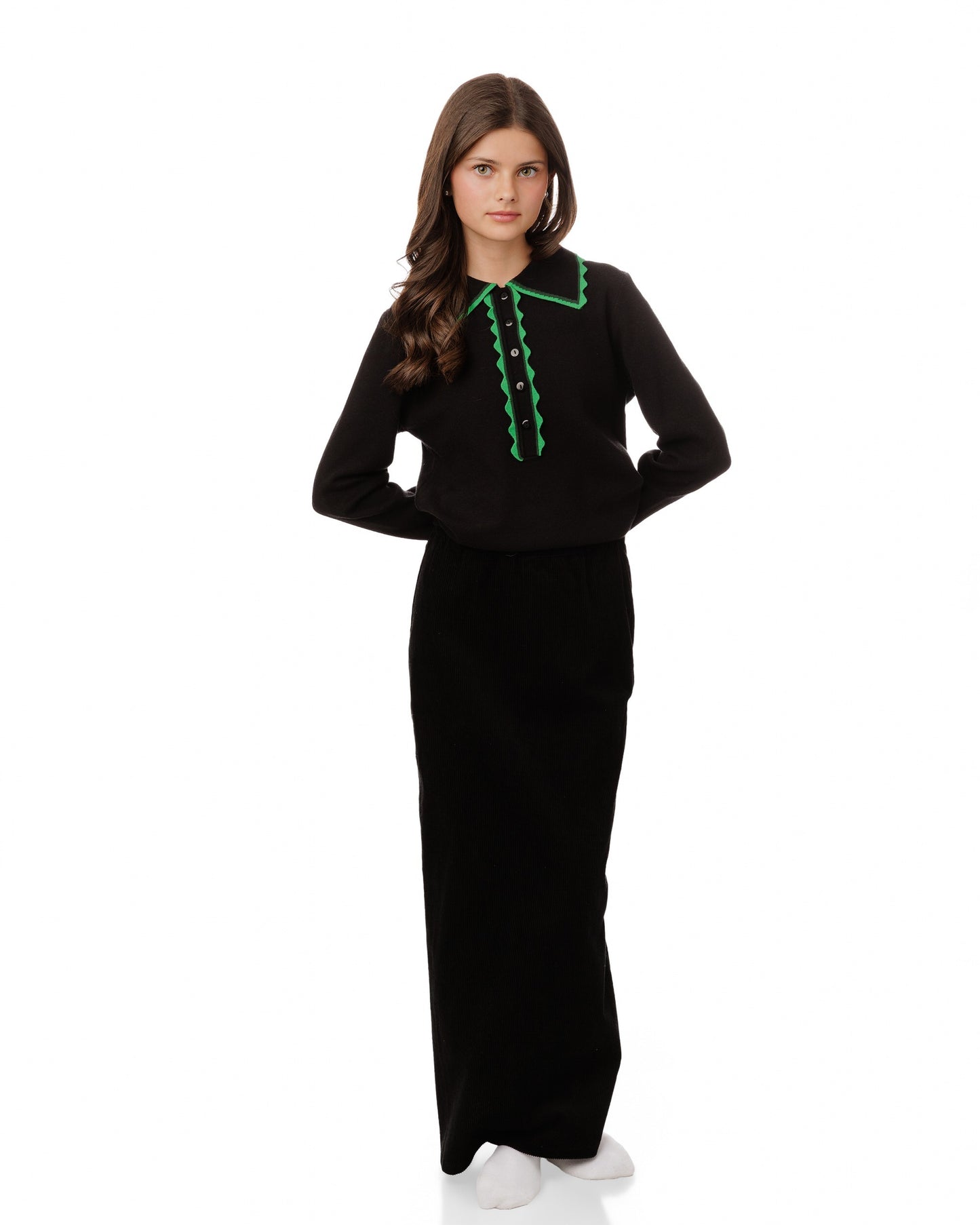 Black Knit Cardigan With Green Collar And Placket