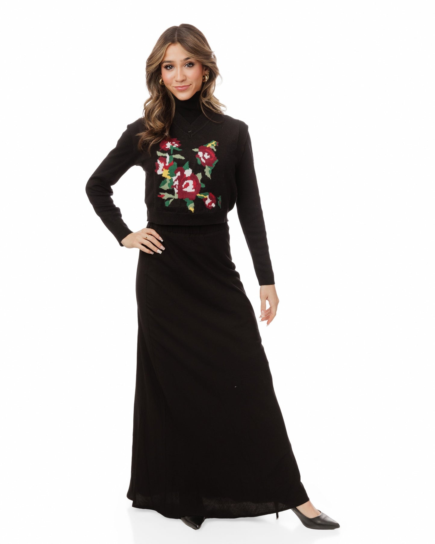 Black Knit Vest With Multicolored Floral Print