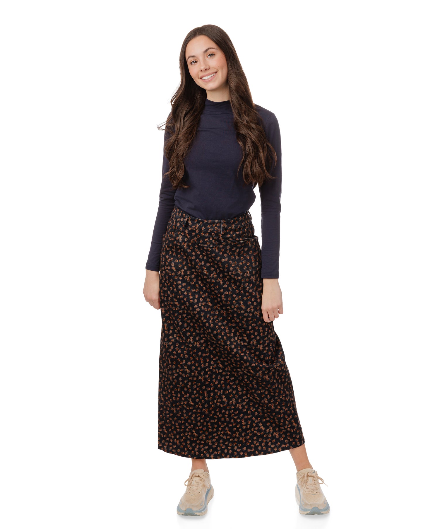 Navy Denim Floral Printed Skirt