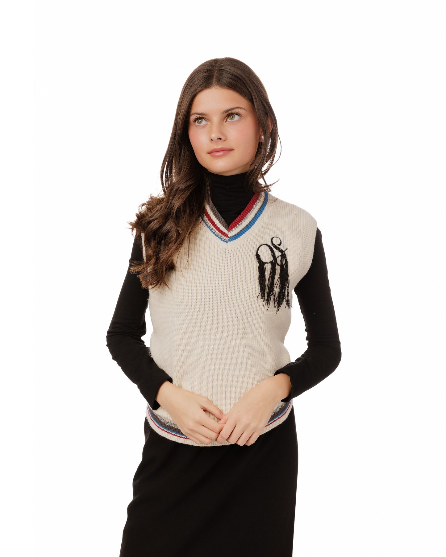 Off White Knit Vest With Colored Striped Ribbing