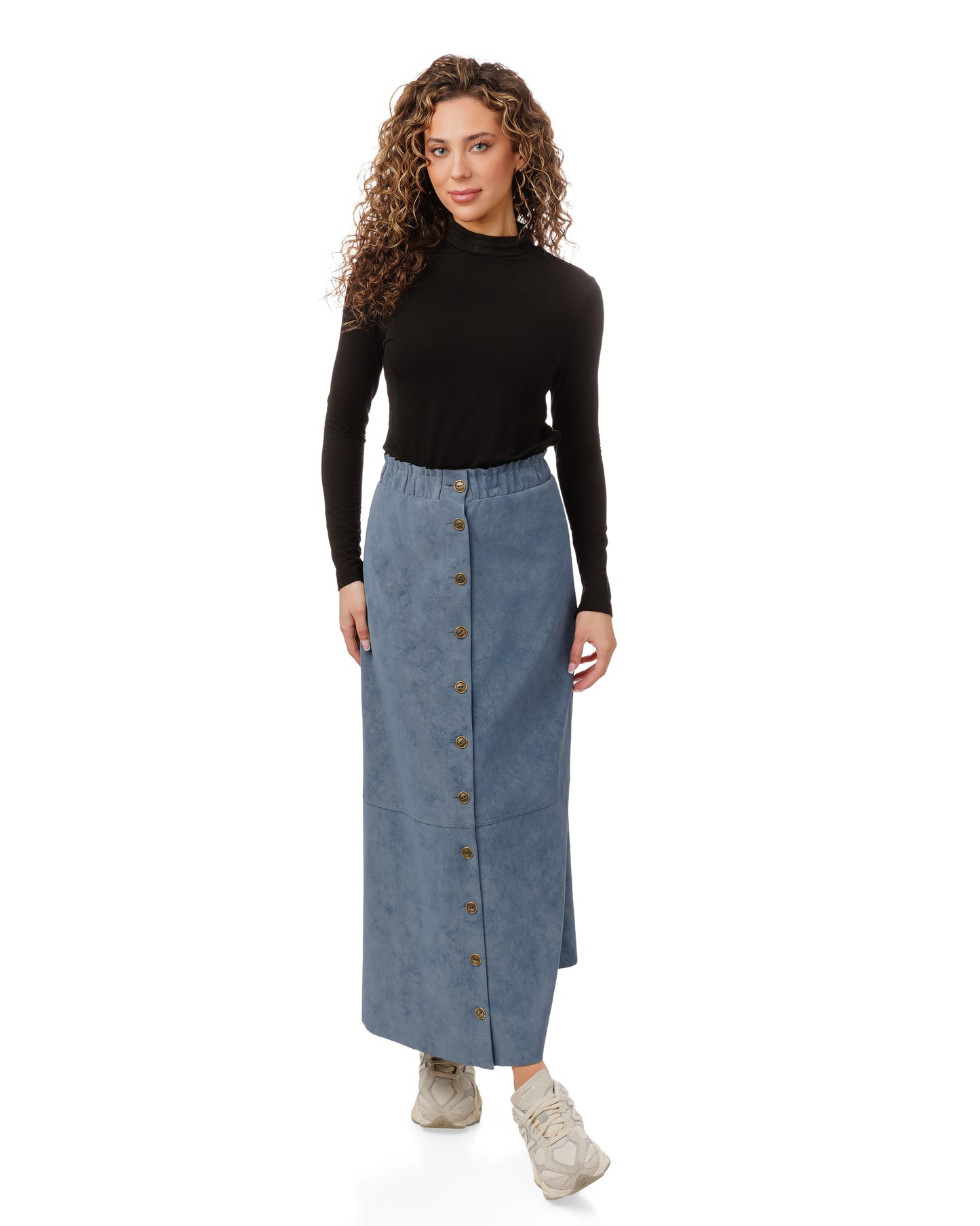 Suede Button Down Midi Skirt - Blue