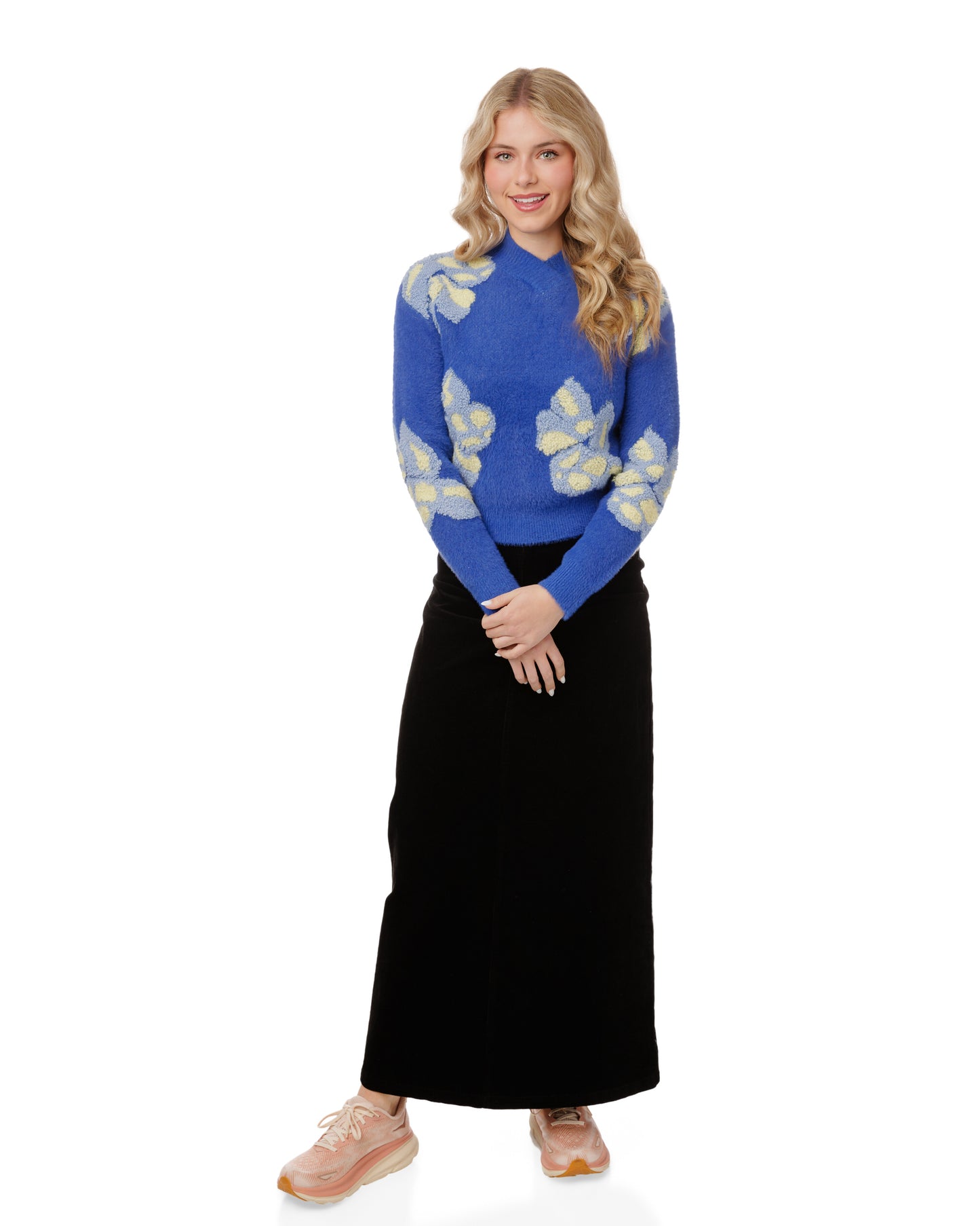 Fuzzy Sweater With Big Flowers Detail - Blue