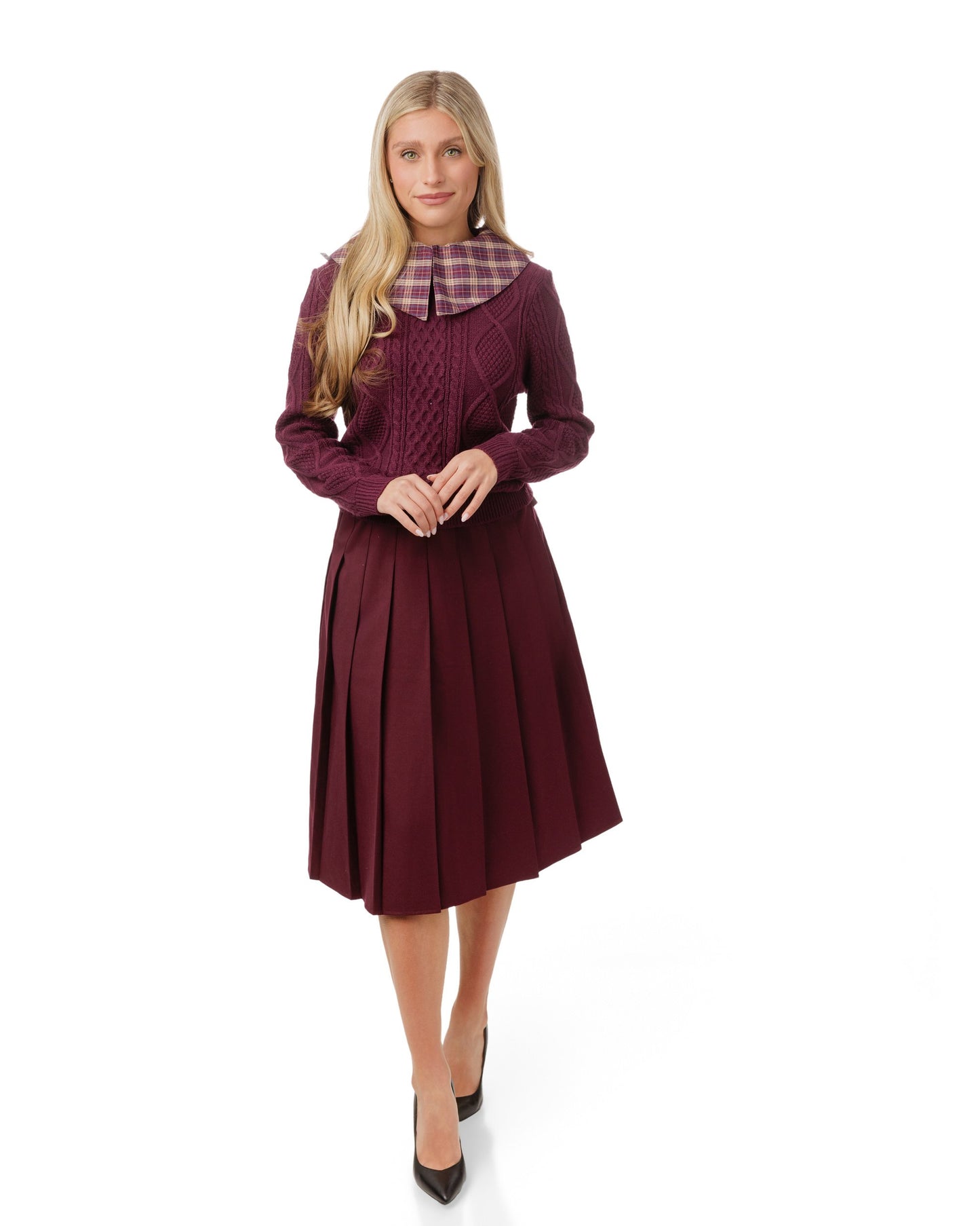 Purple Knit Sweater With Plaid Collar