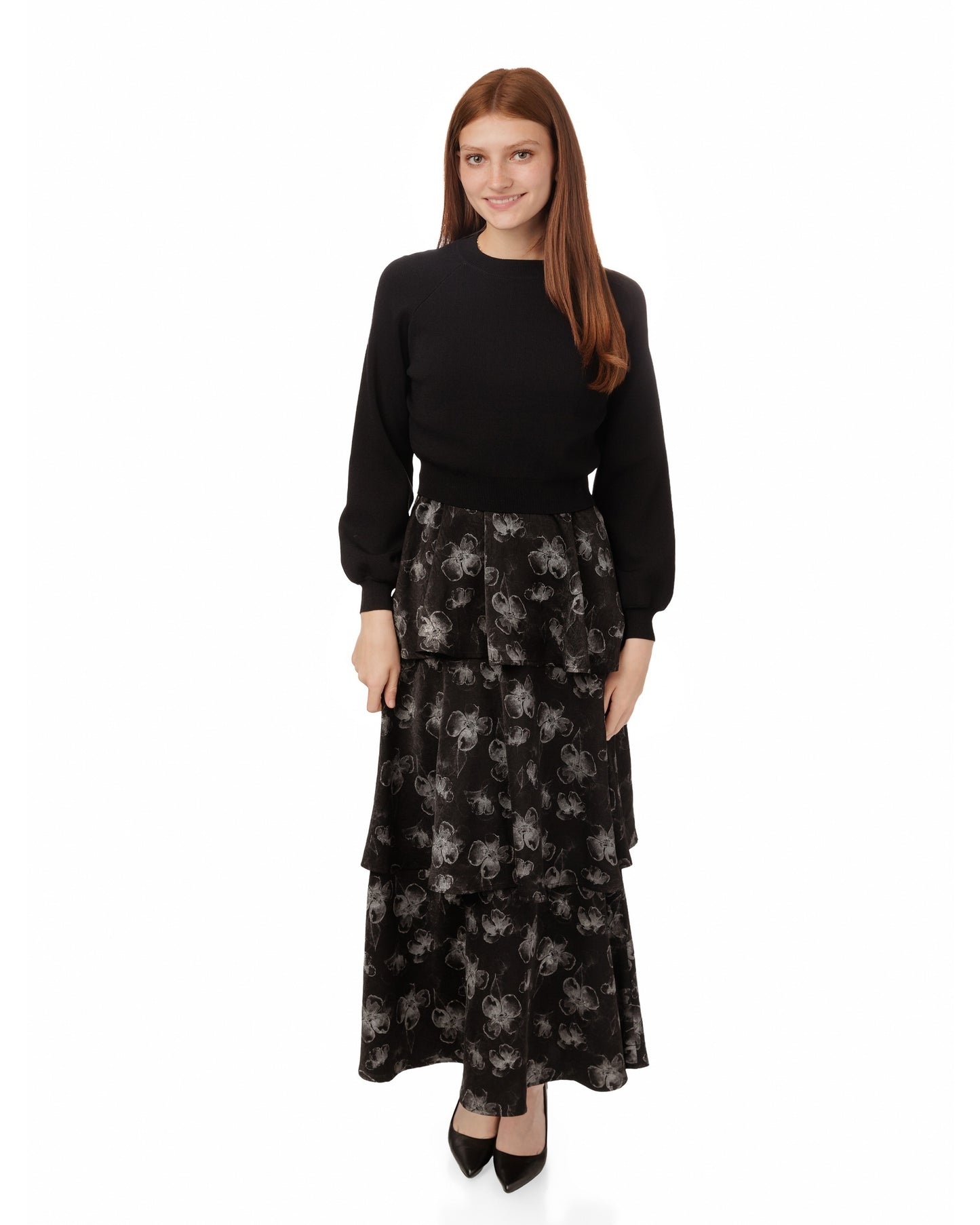 Black And Silver Floral Jumper With Black Knit Overlay