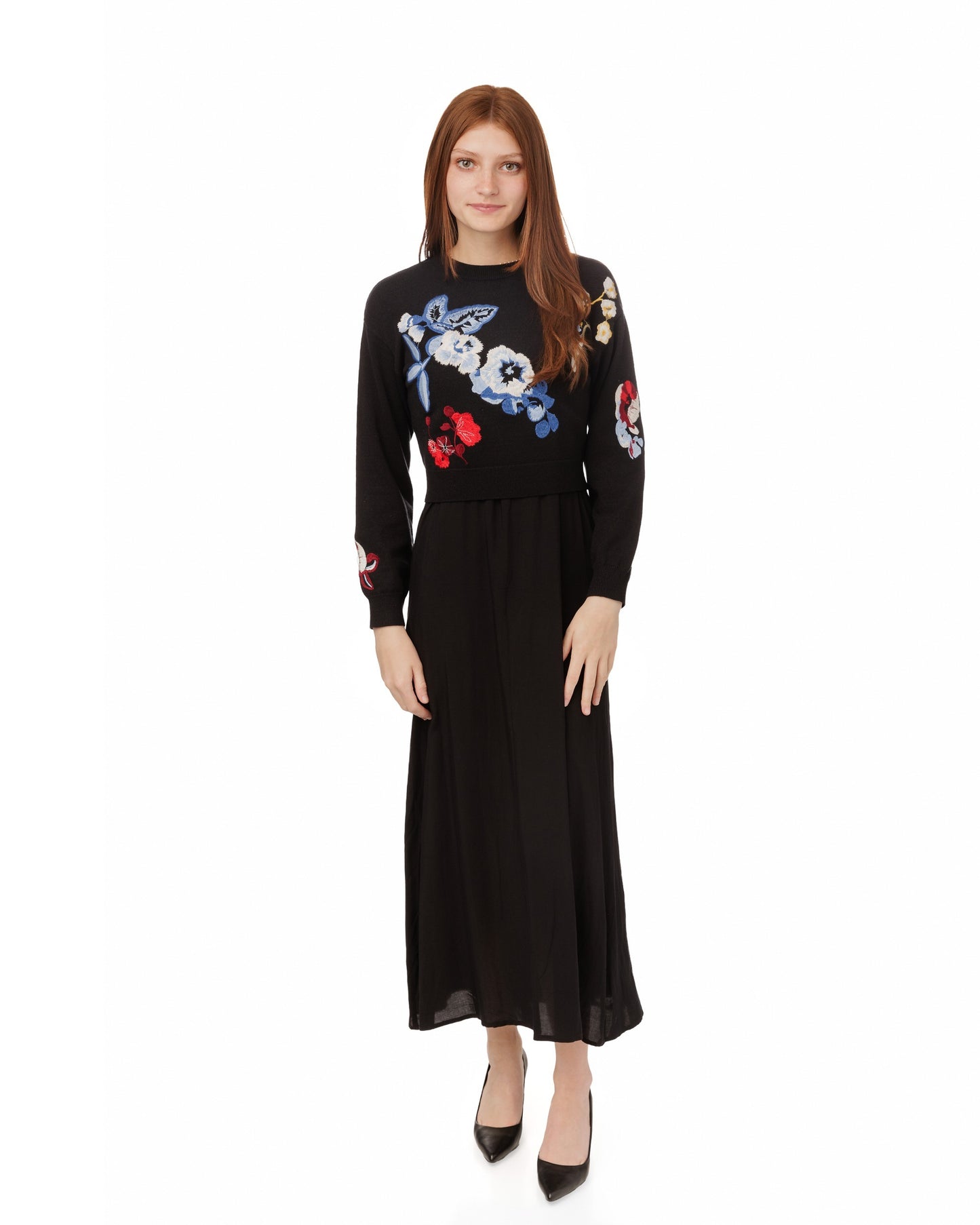Black Wool Dress With Floral Embroidered Knit Overlay