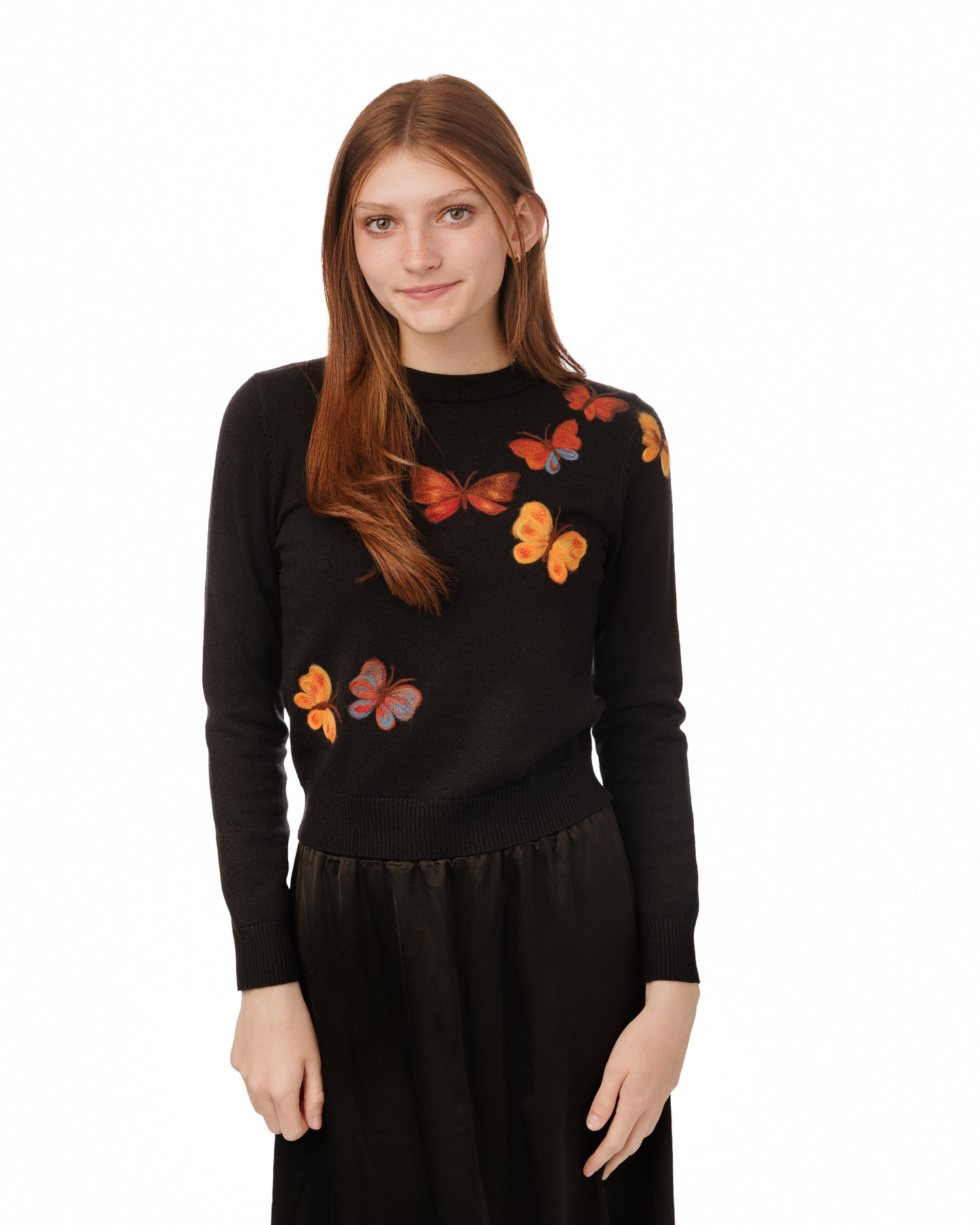 Black Knit Sweater With Butterfly Felt Print