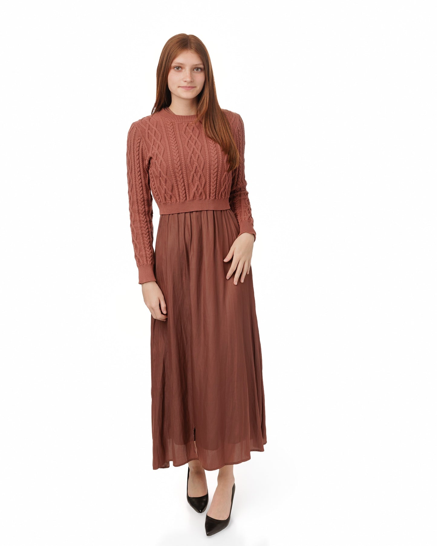 Mauve Cable Knit Sweater With Satin Underlay