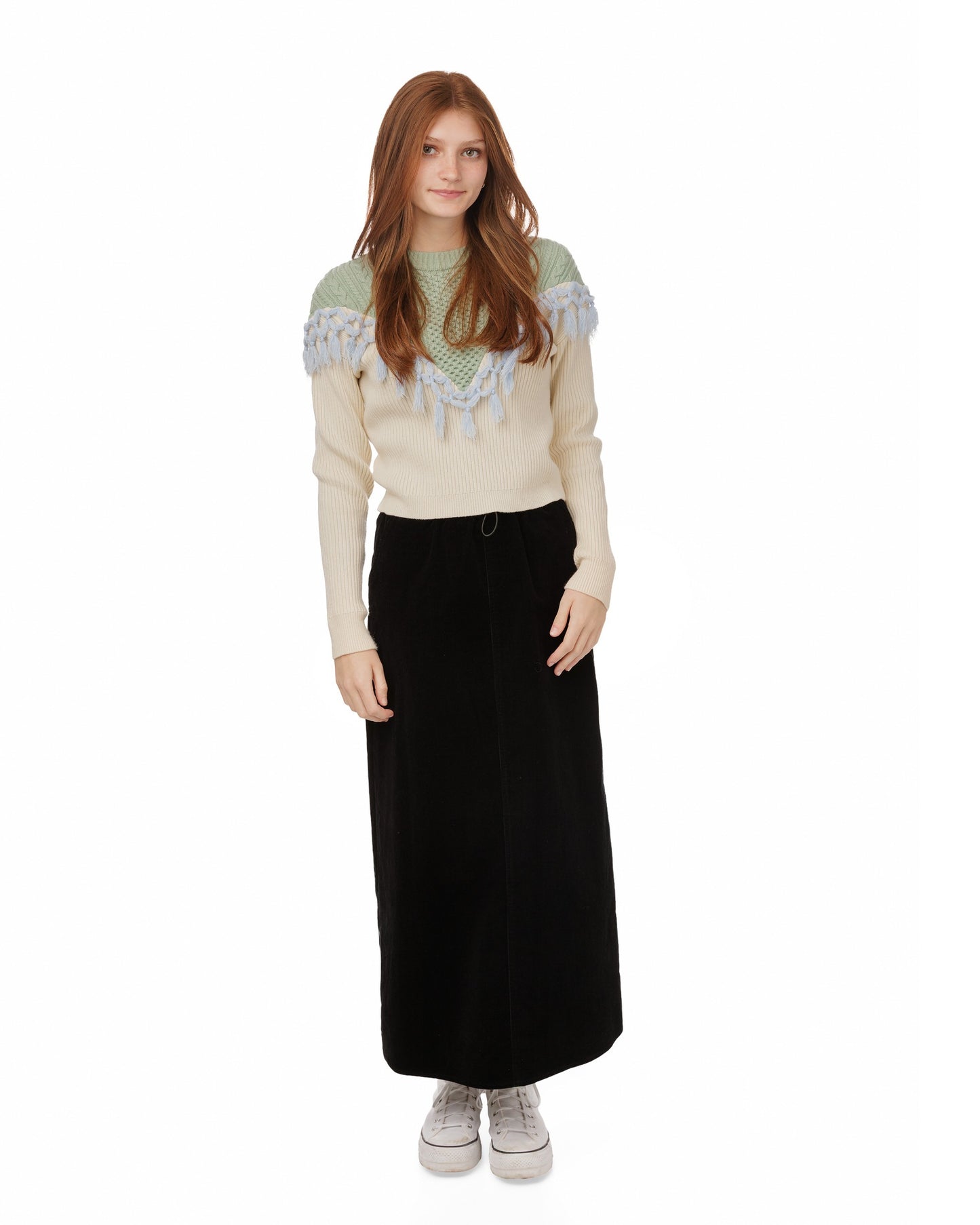 Cream Green Cable Knit With Tassels