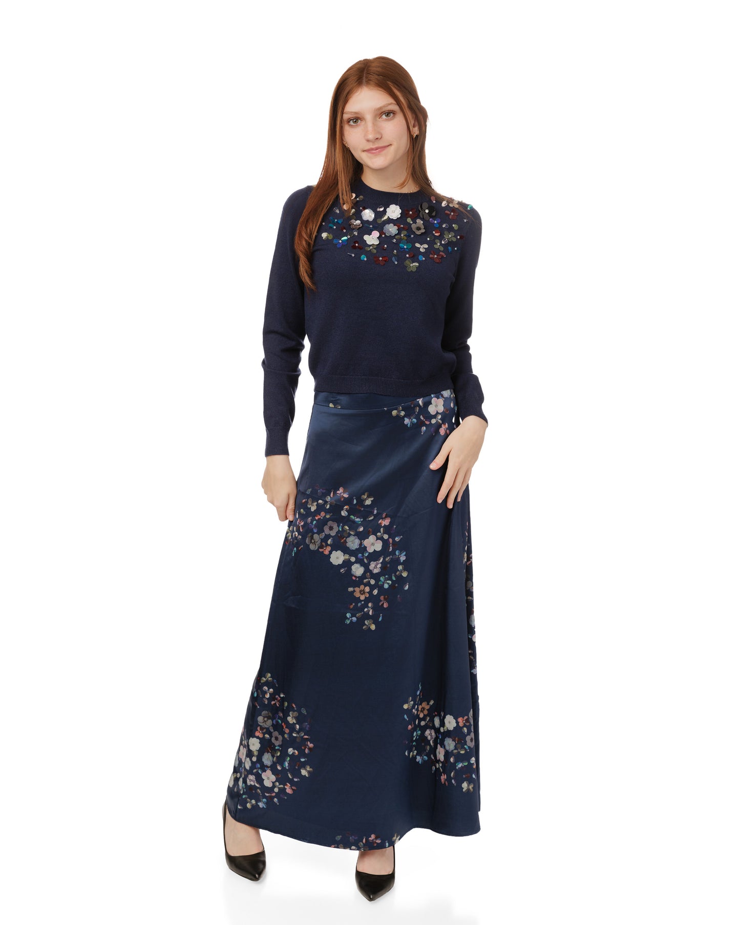 Knit Top With Multi Colored Beads Details - Navy