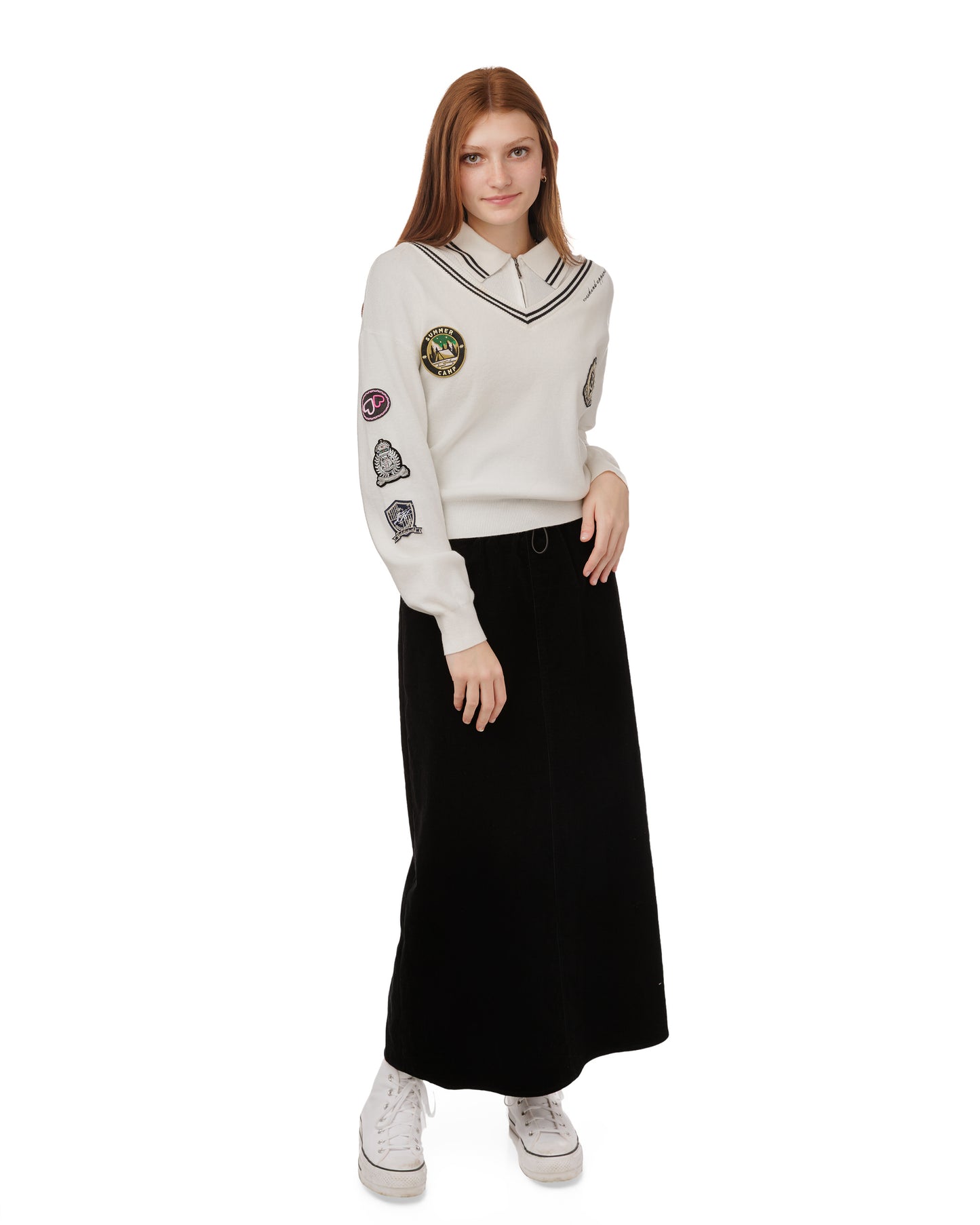 White Knit Collared Sweater With Patches