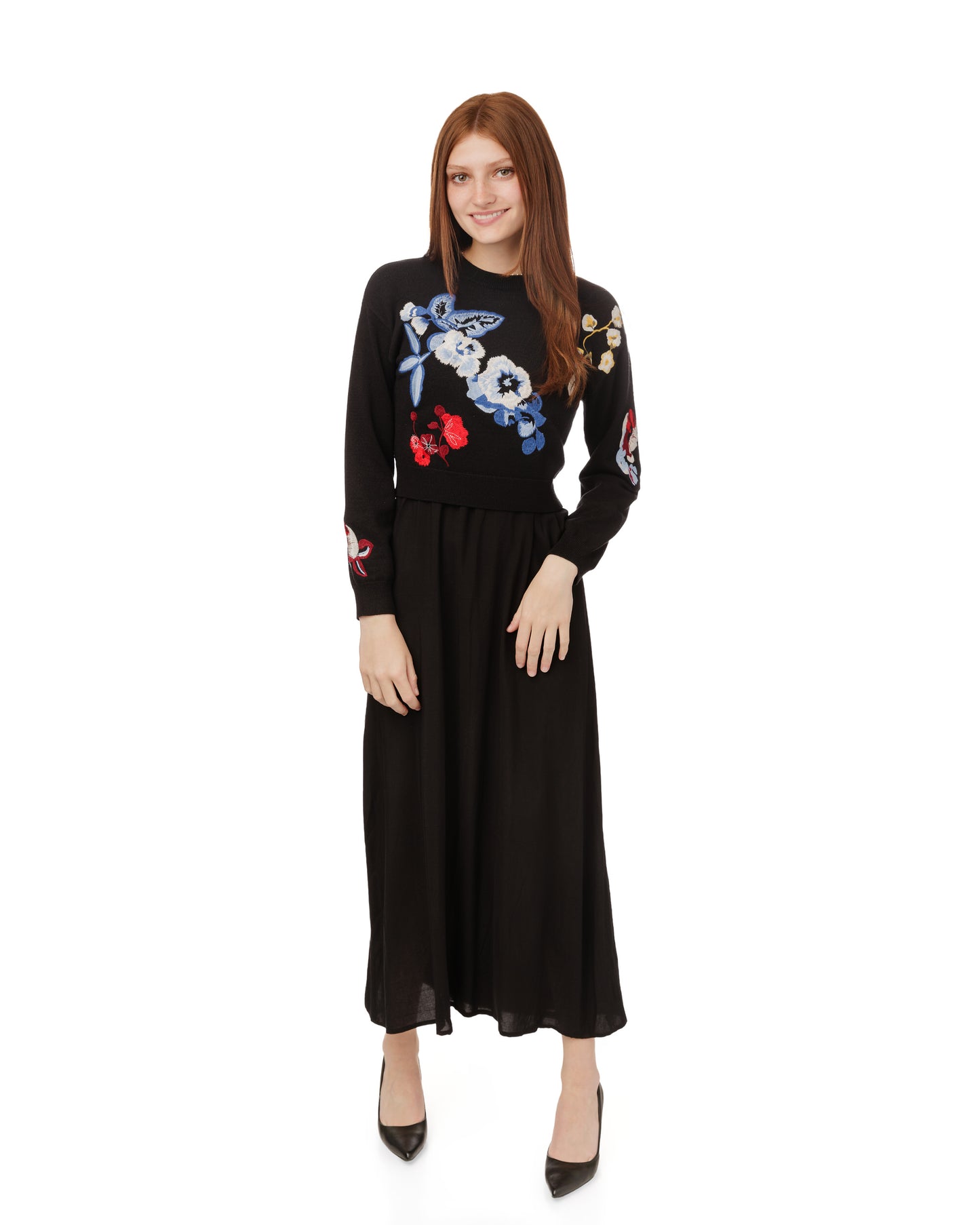 Black Wool Dress With Floral Embroidered Knit Overlay