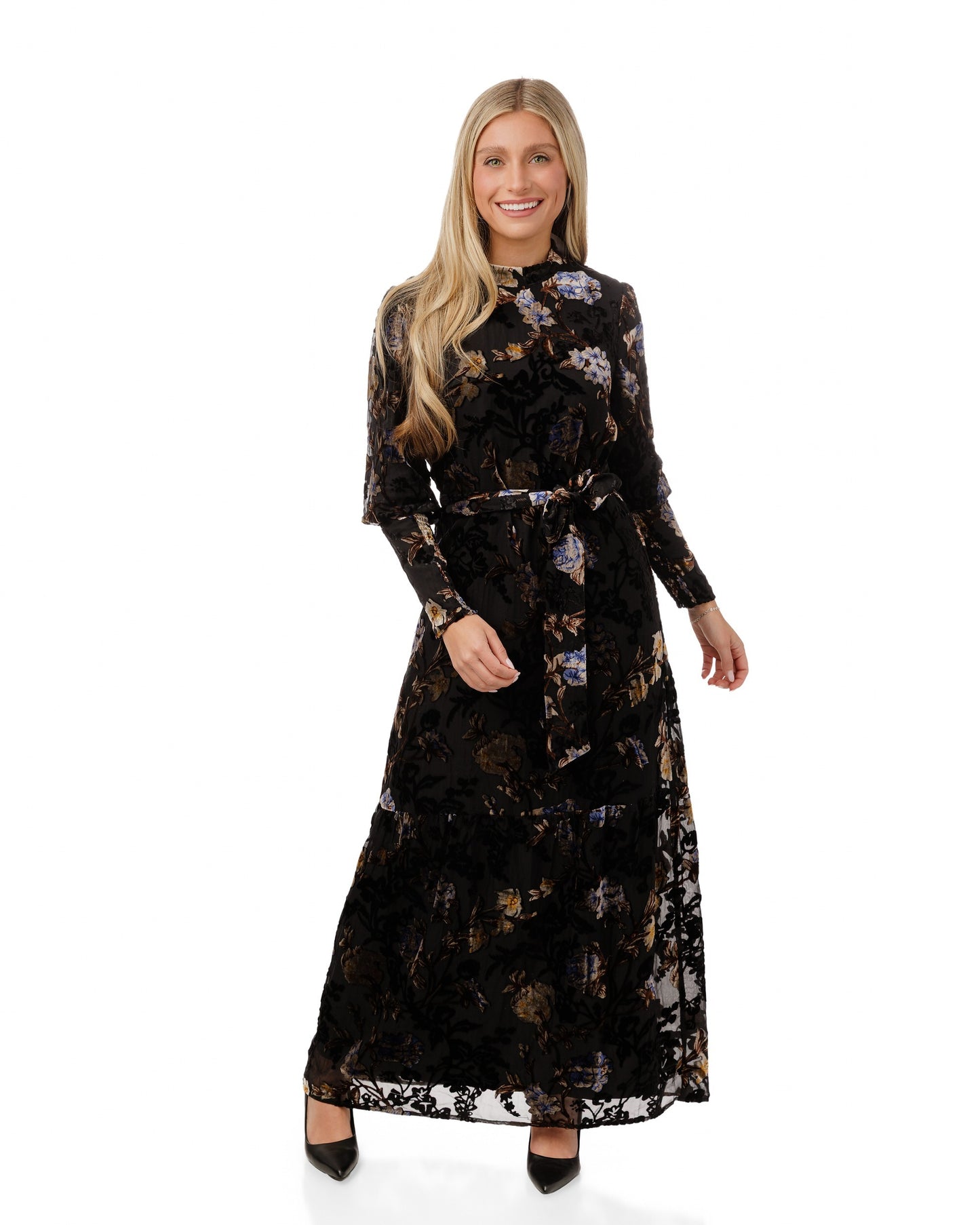Black Thin Corduroy Butterfly Printed Dress