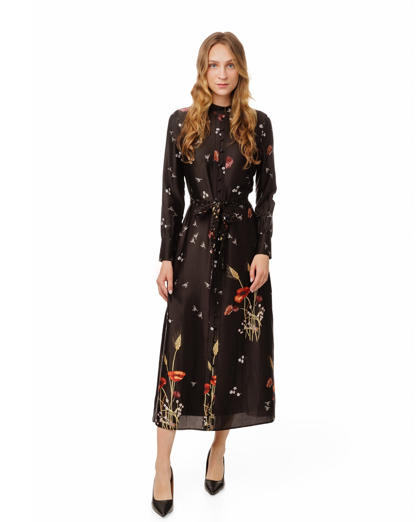 Black Printed Braided Belt Dress