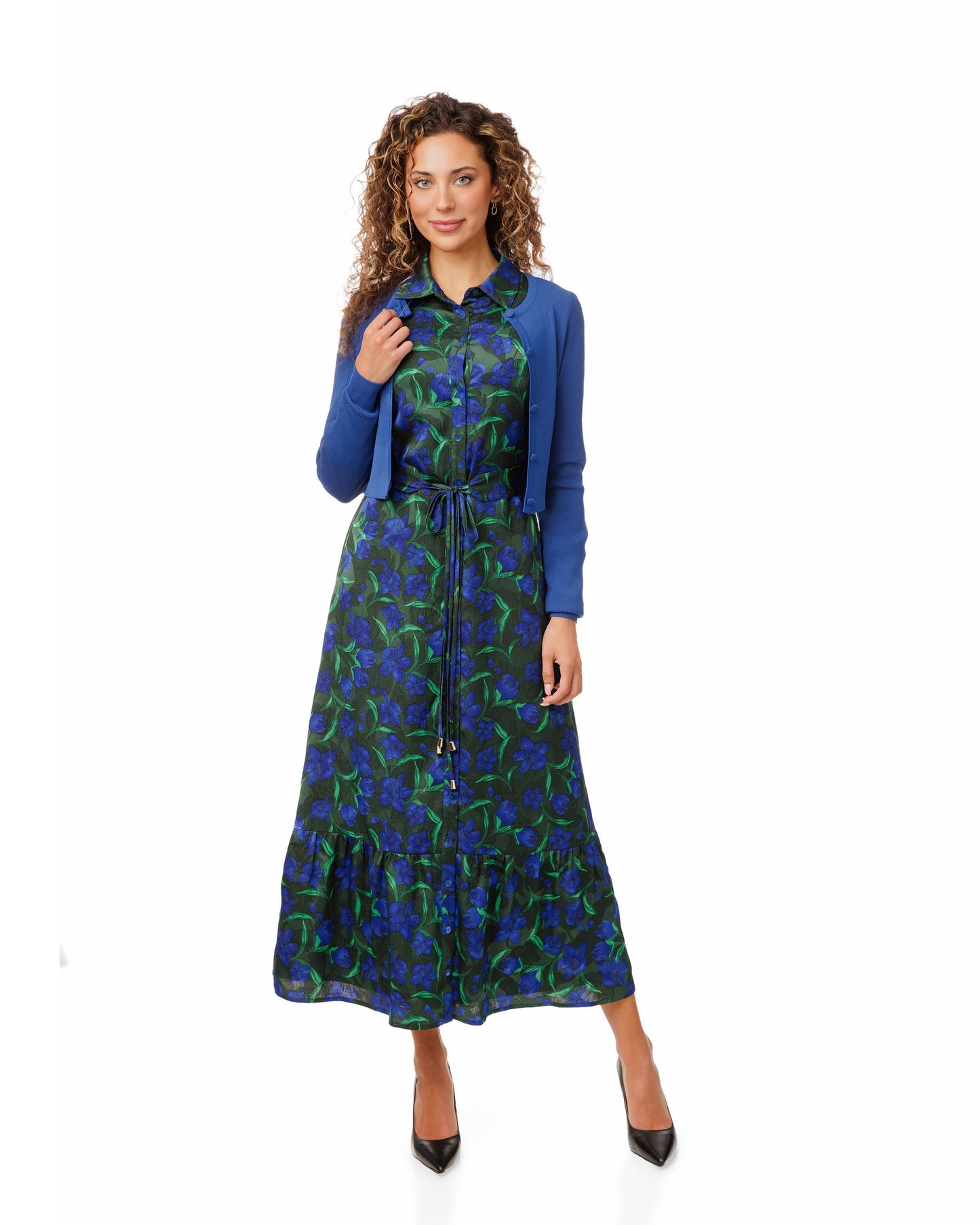 Blue And Green Printed Dress With Blue Cardigan