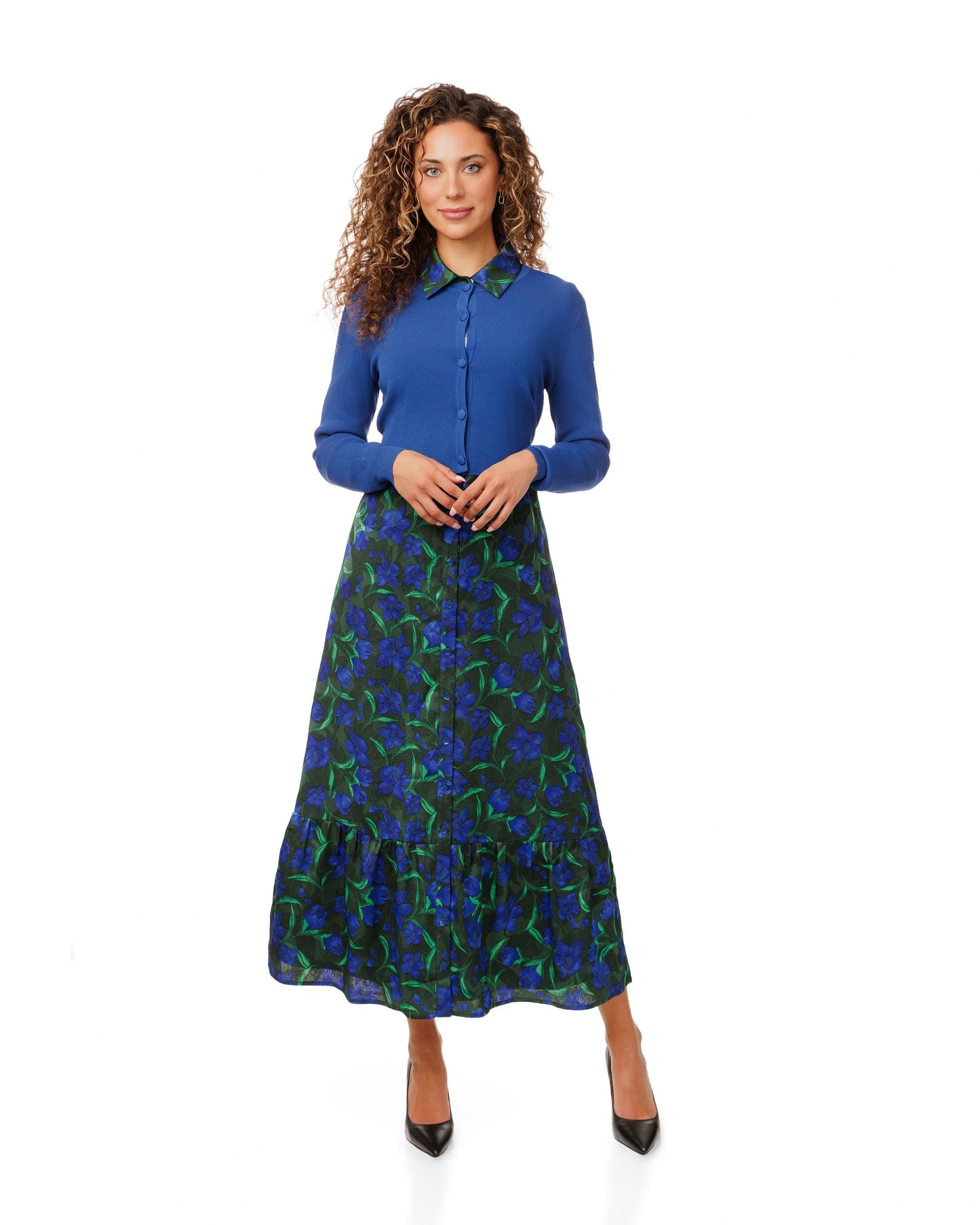 Blue And Green Printed Dress With Blue Cardigan