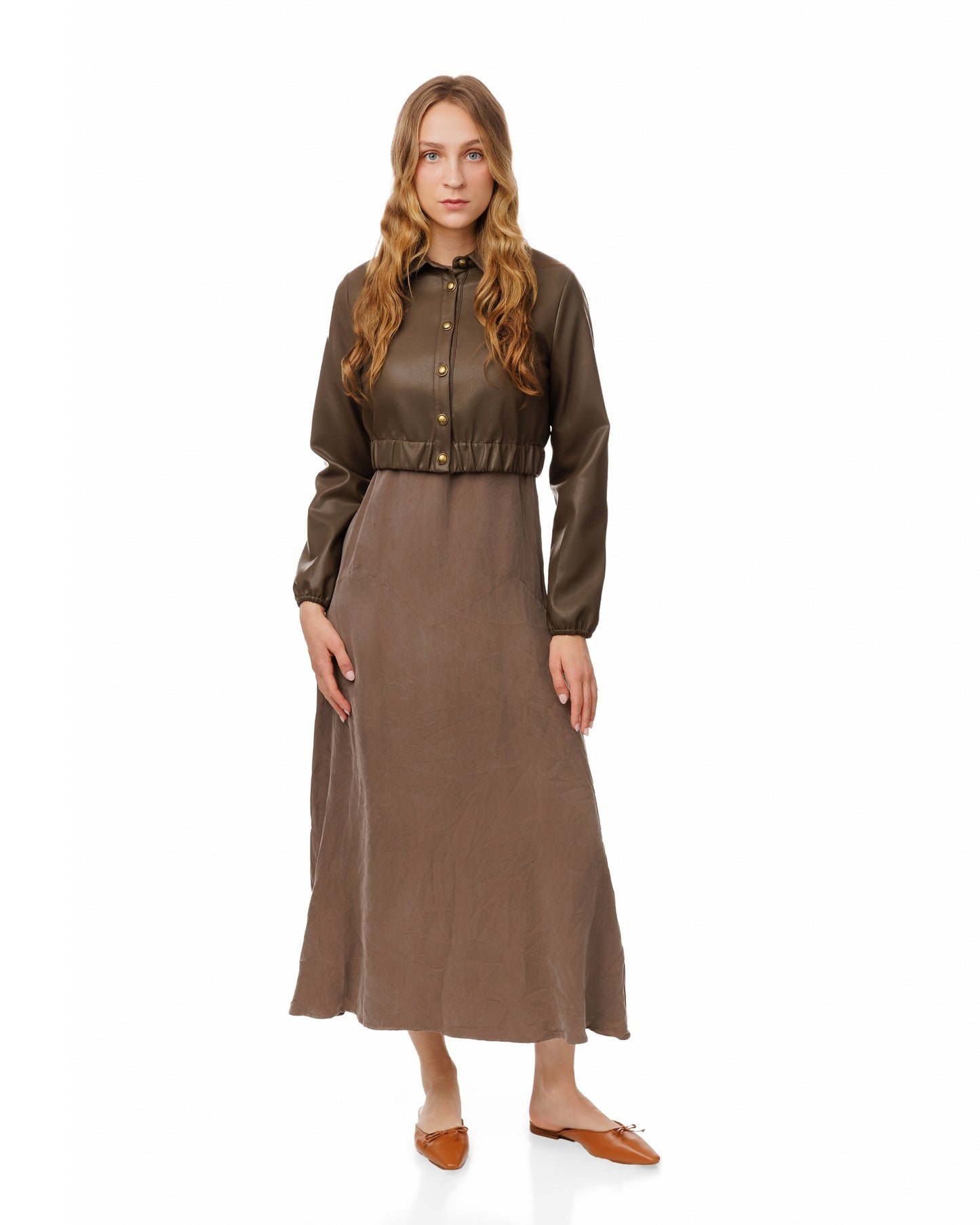 Brown Slip Dress With Leather Button Down Jacket
