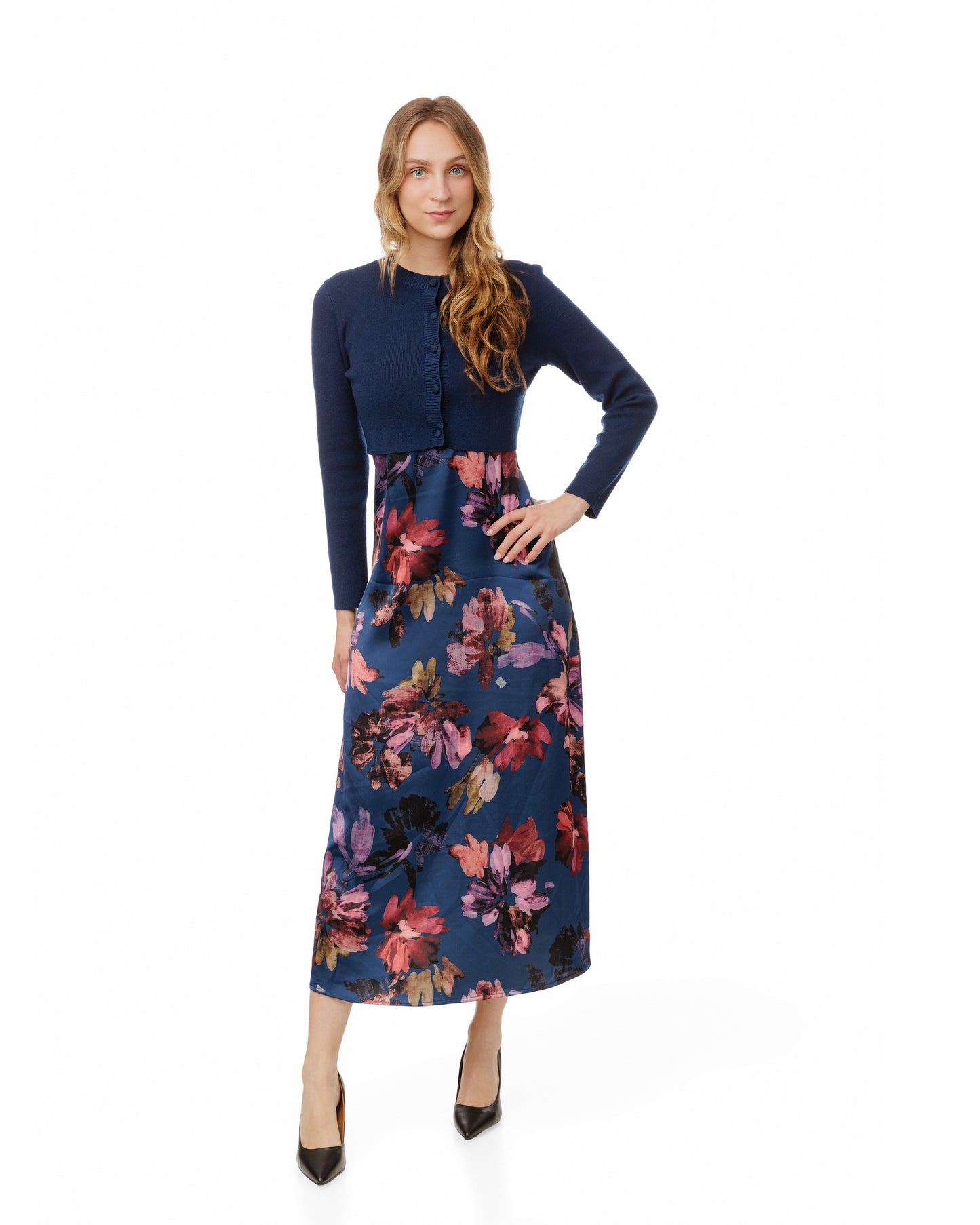 Floral Printed Jumper With Navy Cardigan Overlay