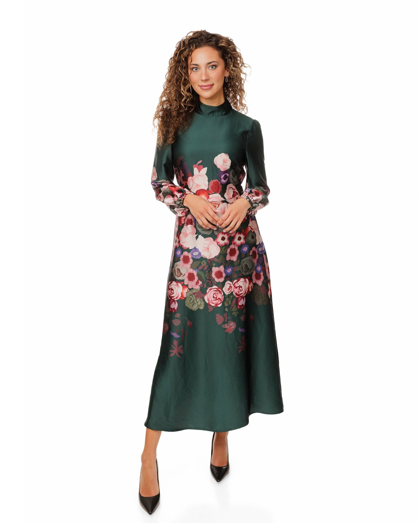Multi Flower Printed Satin Dress - Emerald Green