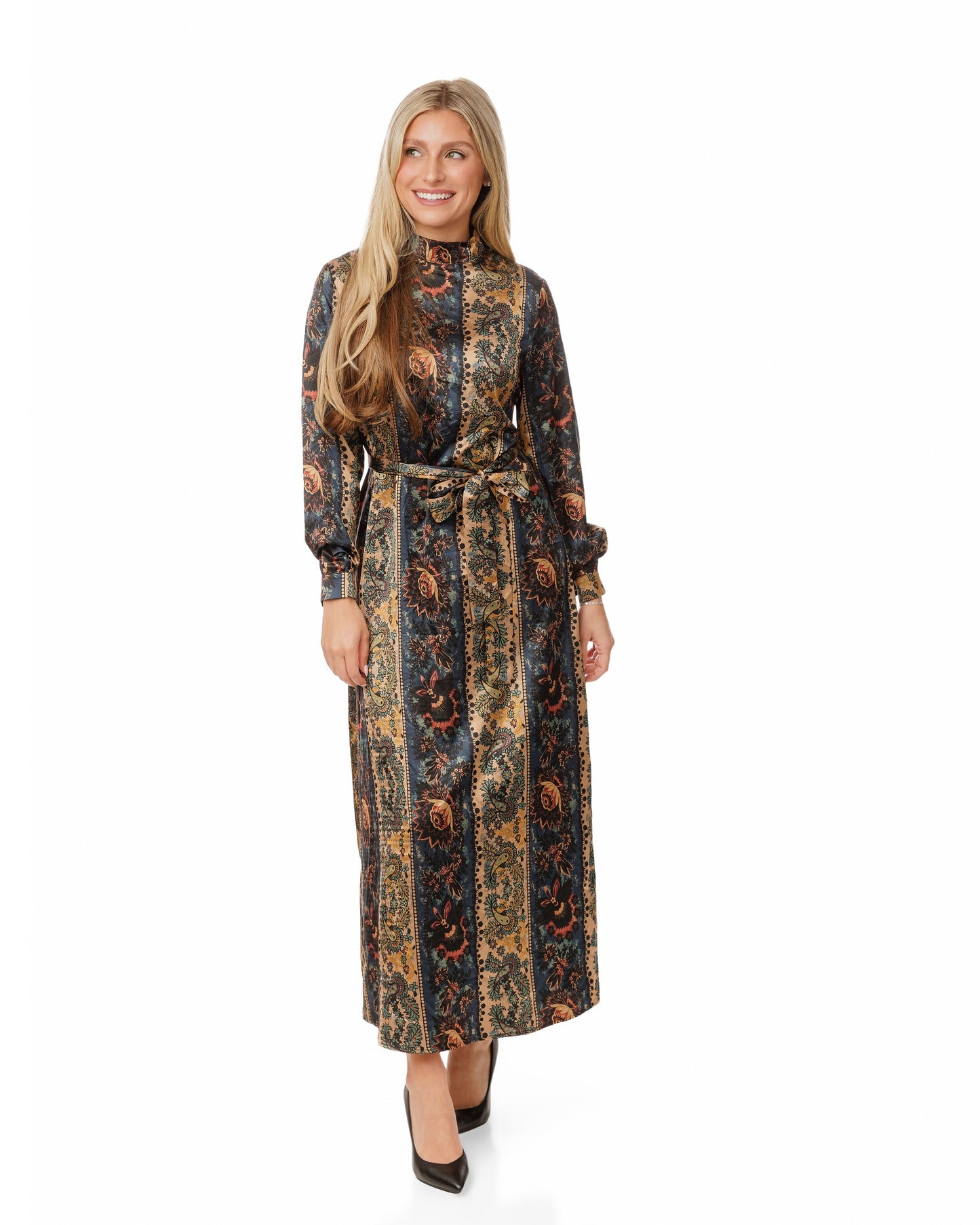 Navy And Beige Multicolored Printed Silk Dress