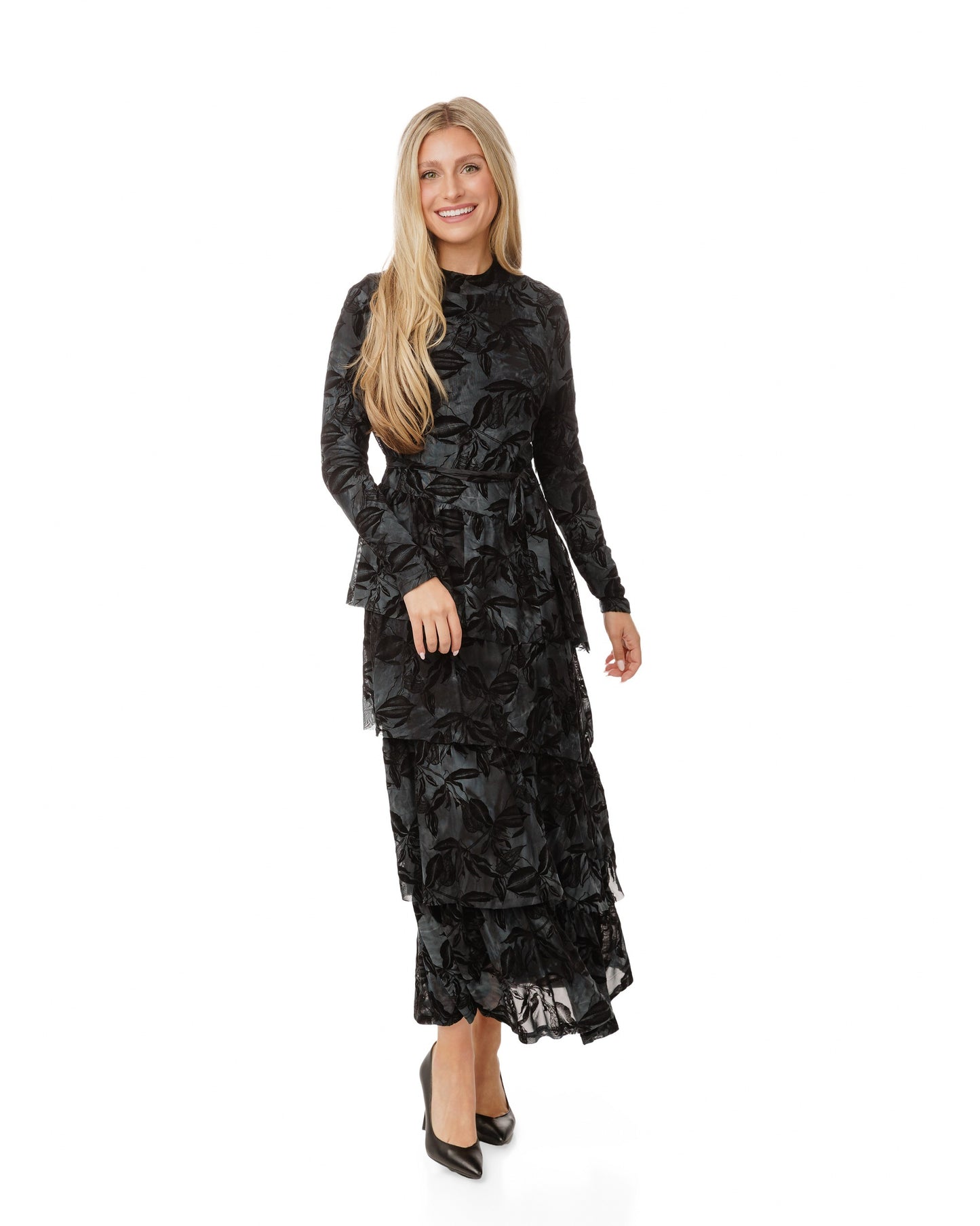 Blue Cut Velvet Floral Layered Dress