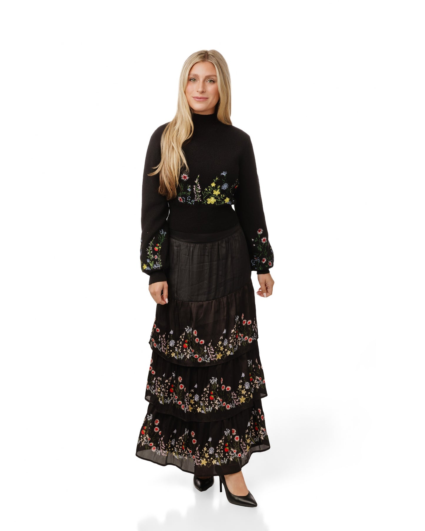 Black Layered Multi Colored Floral Printed Skirt