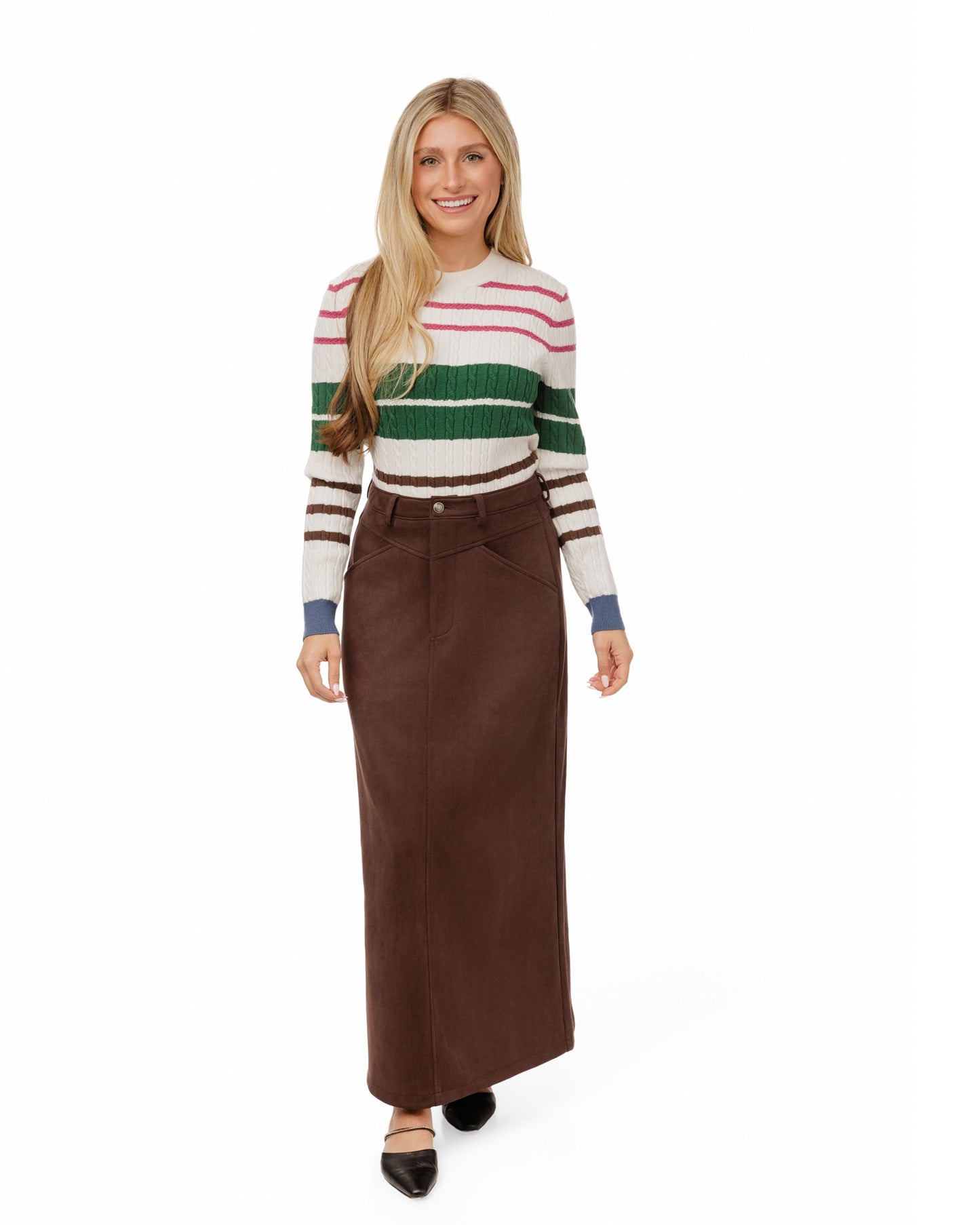 Suede A-Line Midi Skirt - Brown