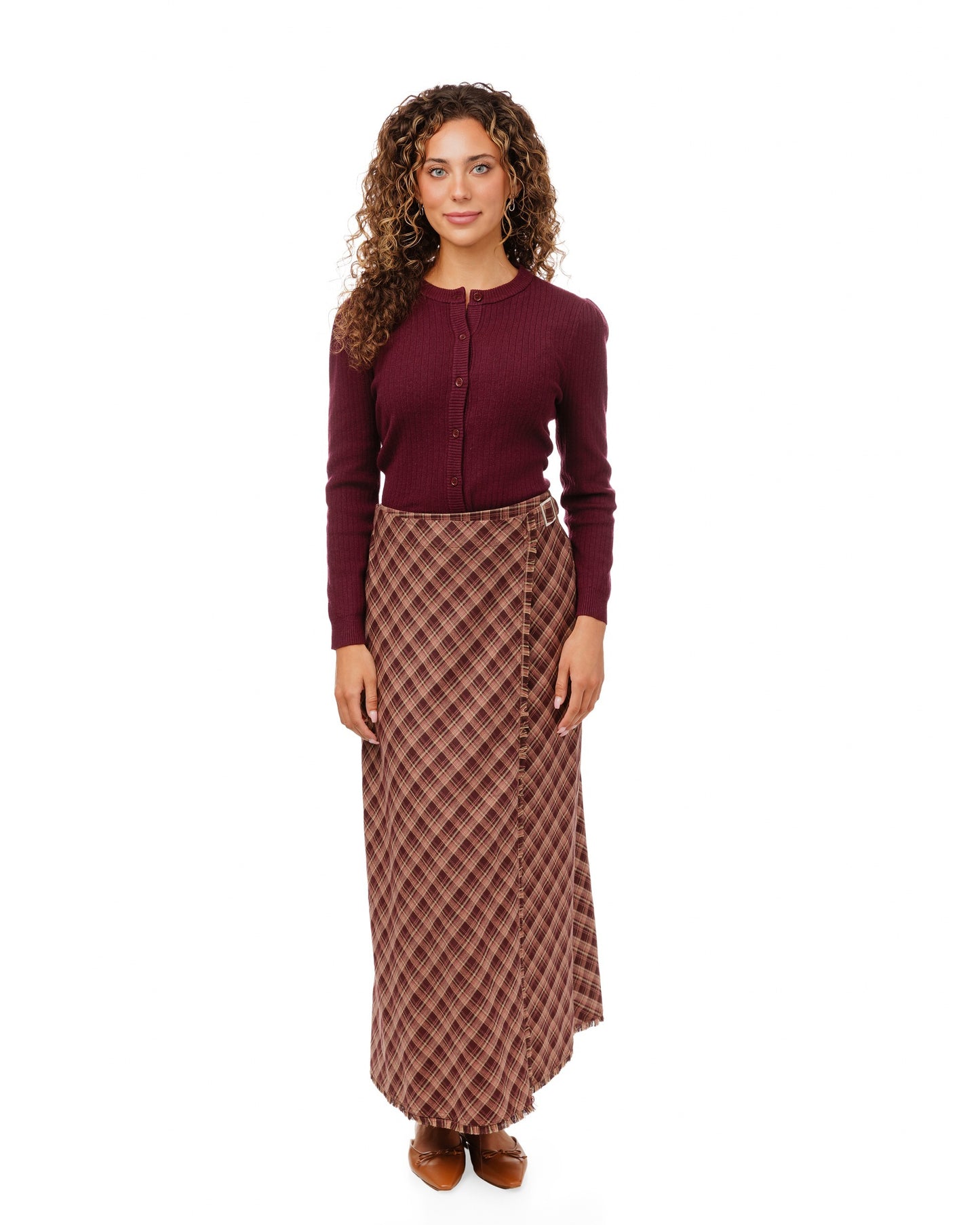 Burgundy Plaid Wrap Skirt