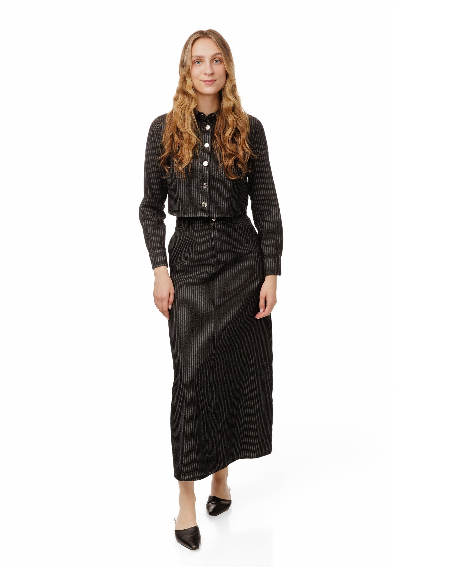 Denim Pin Stripe Button Down Top - Black