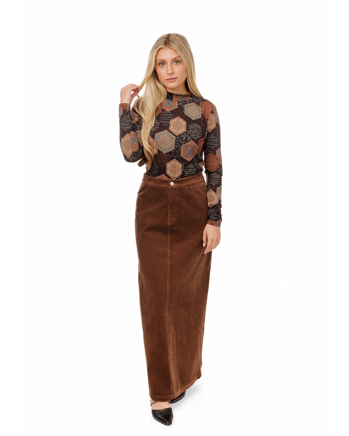 Brown Printed Mock Neck Top