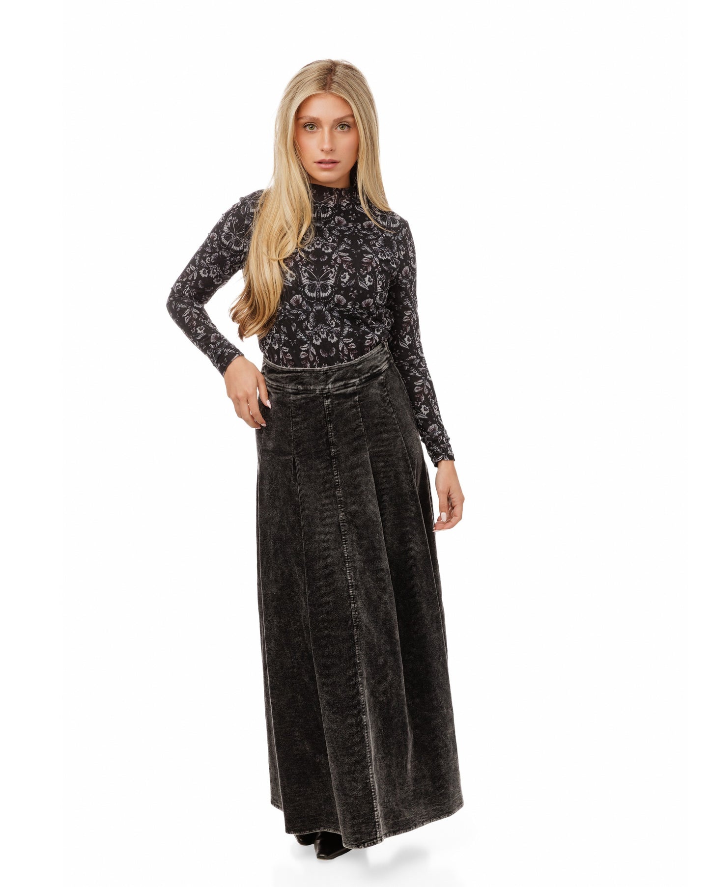Denim Corduroy Skirt - Black