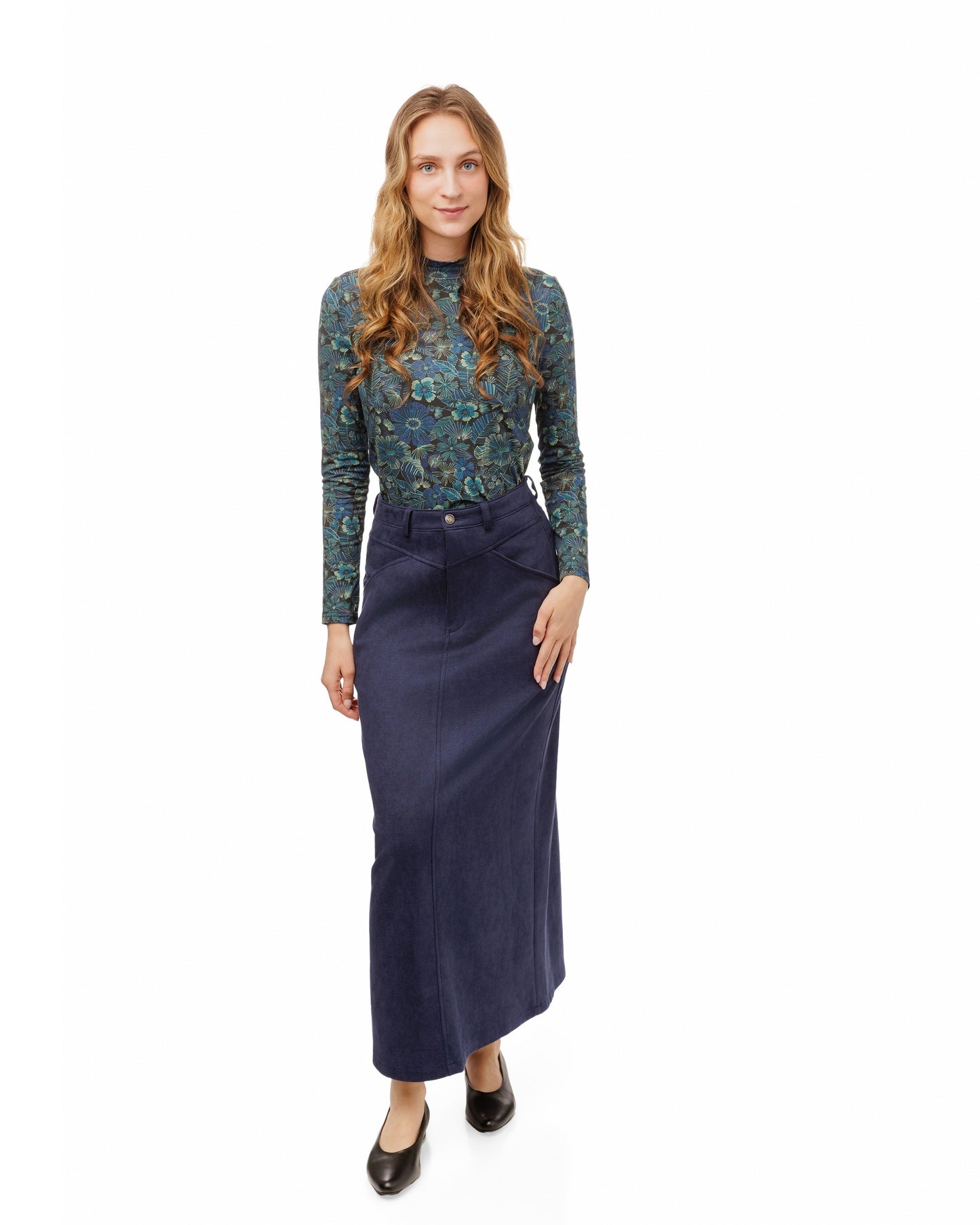 Suede A-Line Midi Skirt - Blue