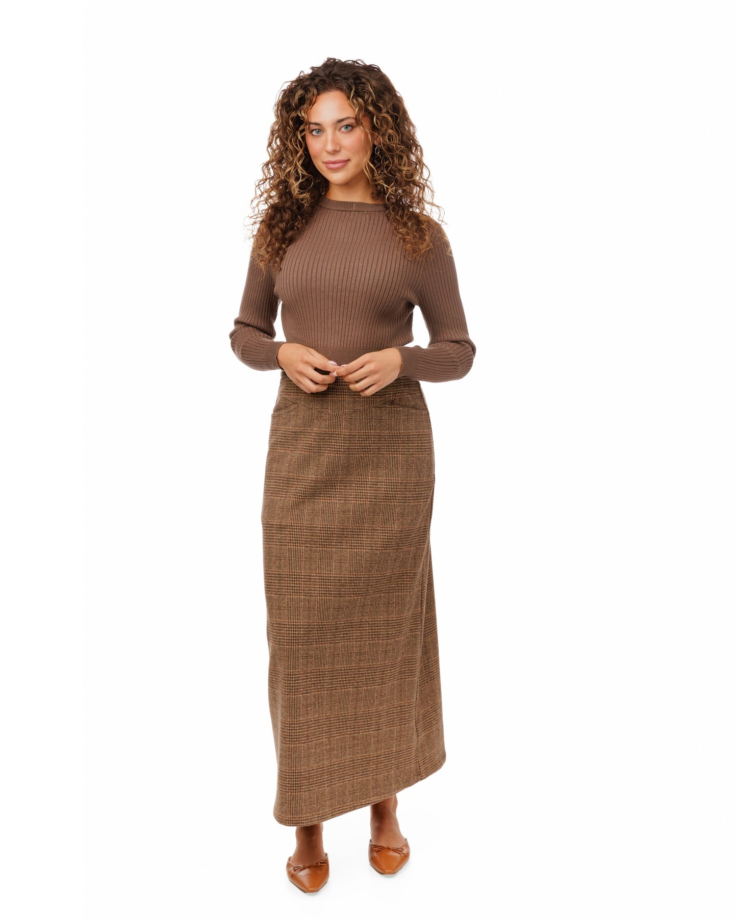 Brown Plaid Midi Skirt