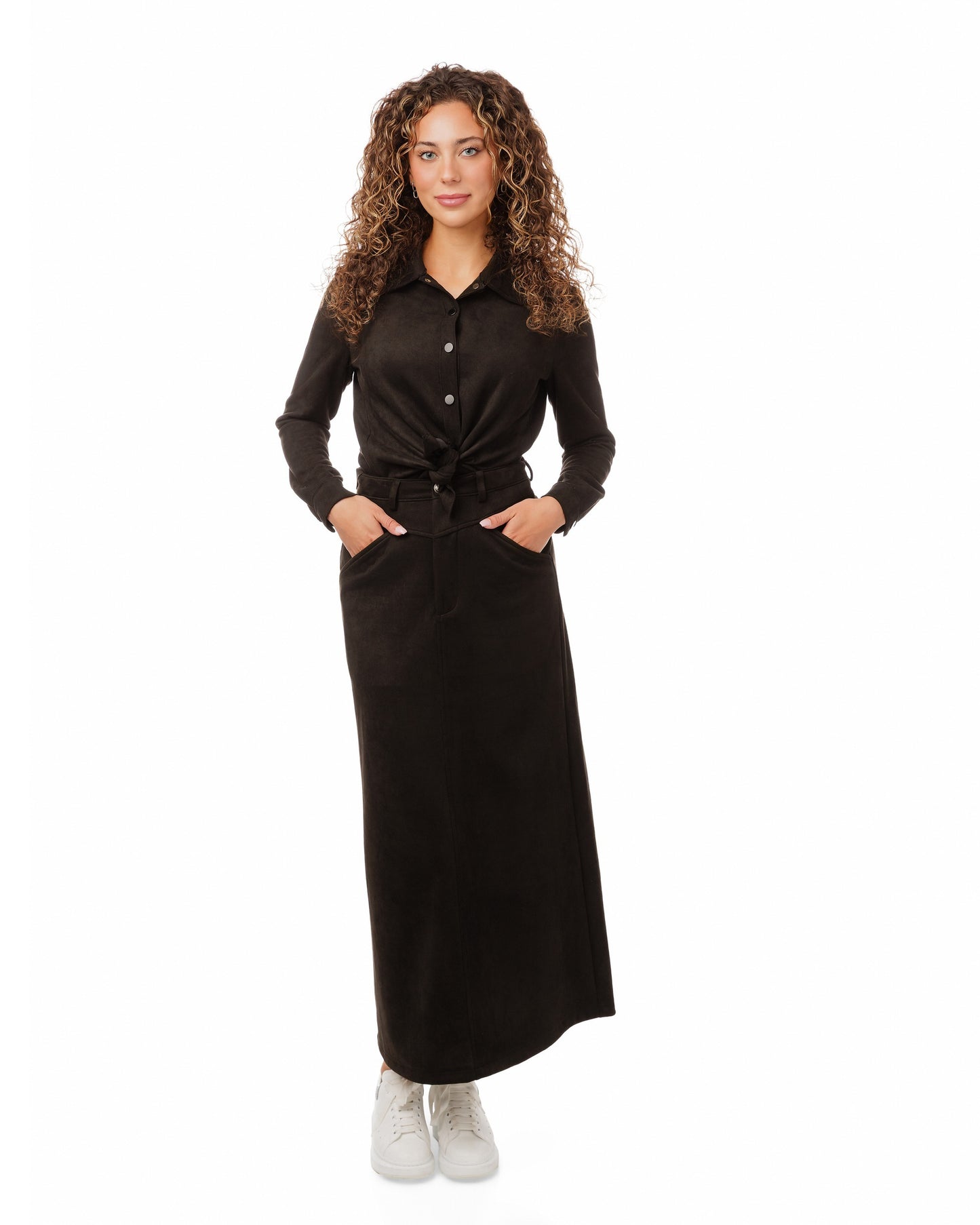 Suede A-Line Midi Skirt - Black