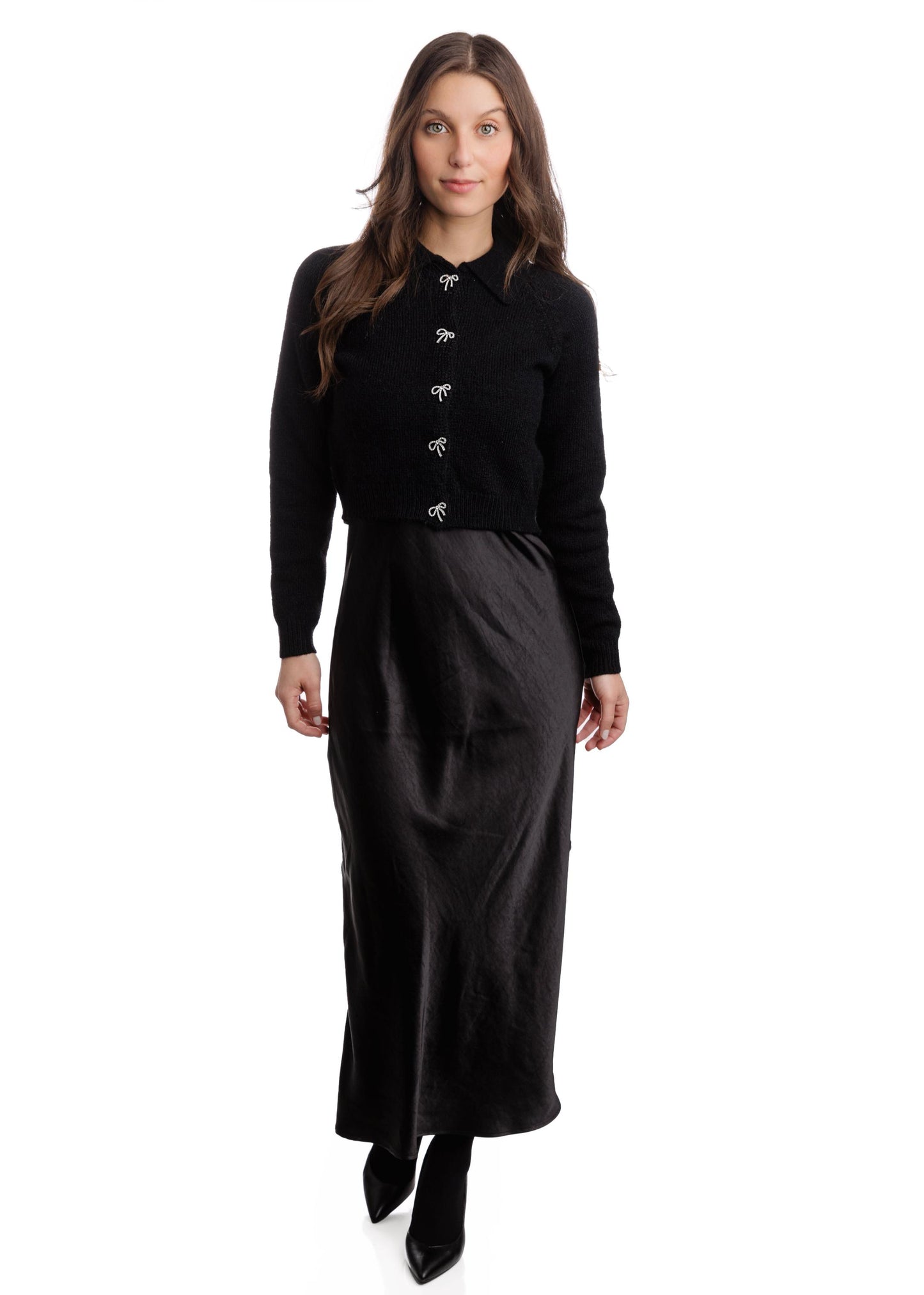 Knit Top With Bow Buttons - Black