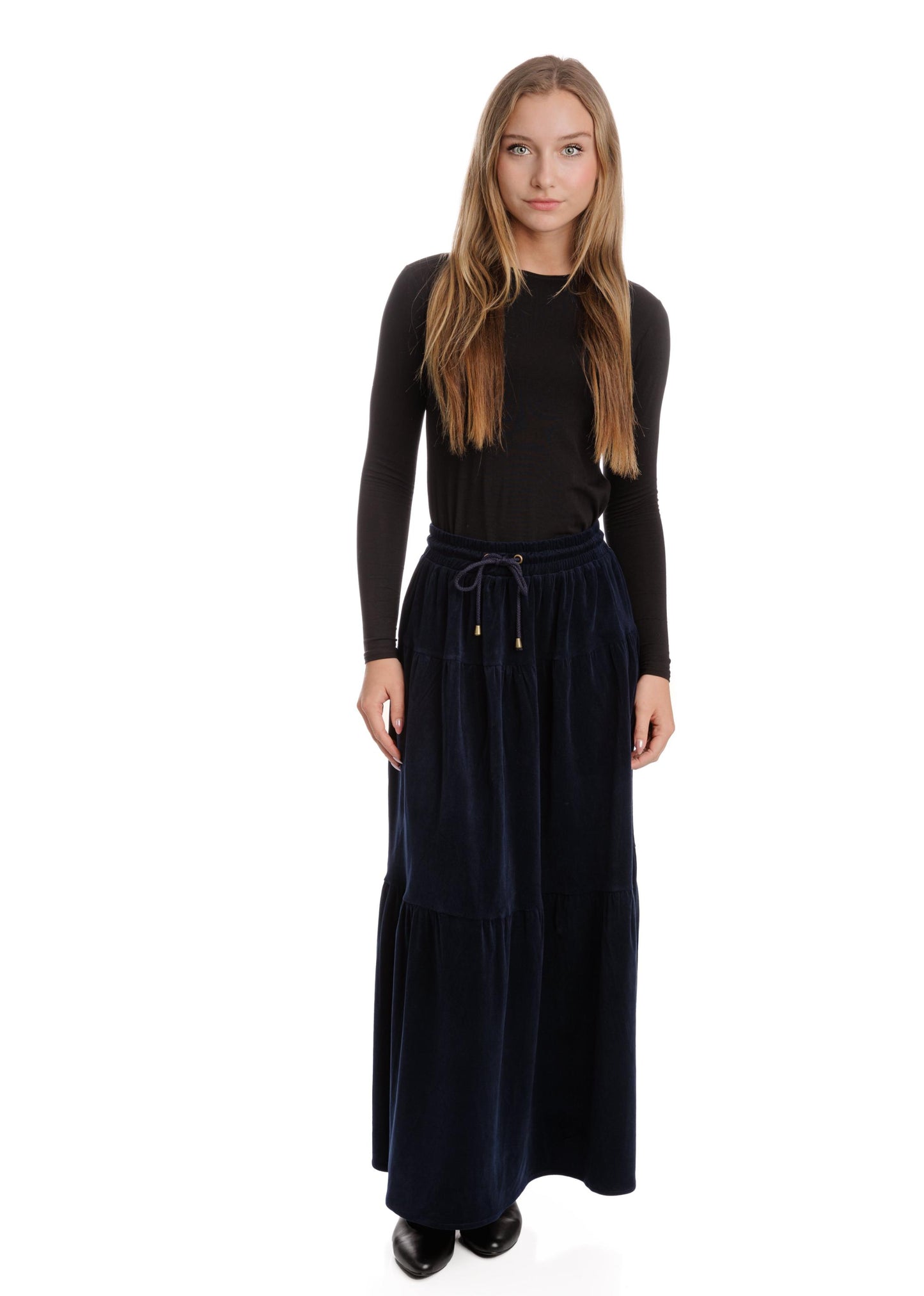 Corduroy Skirt With Drawstring - Navy - TW4320S-B